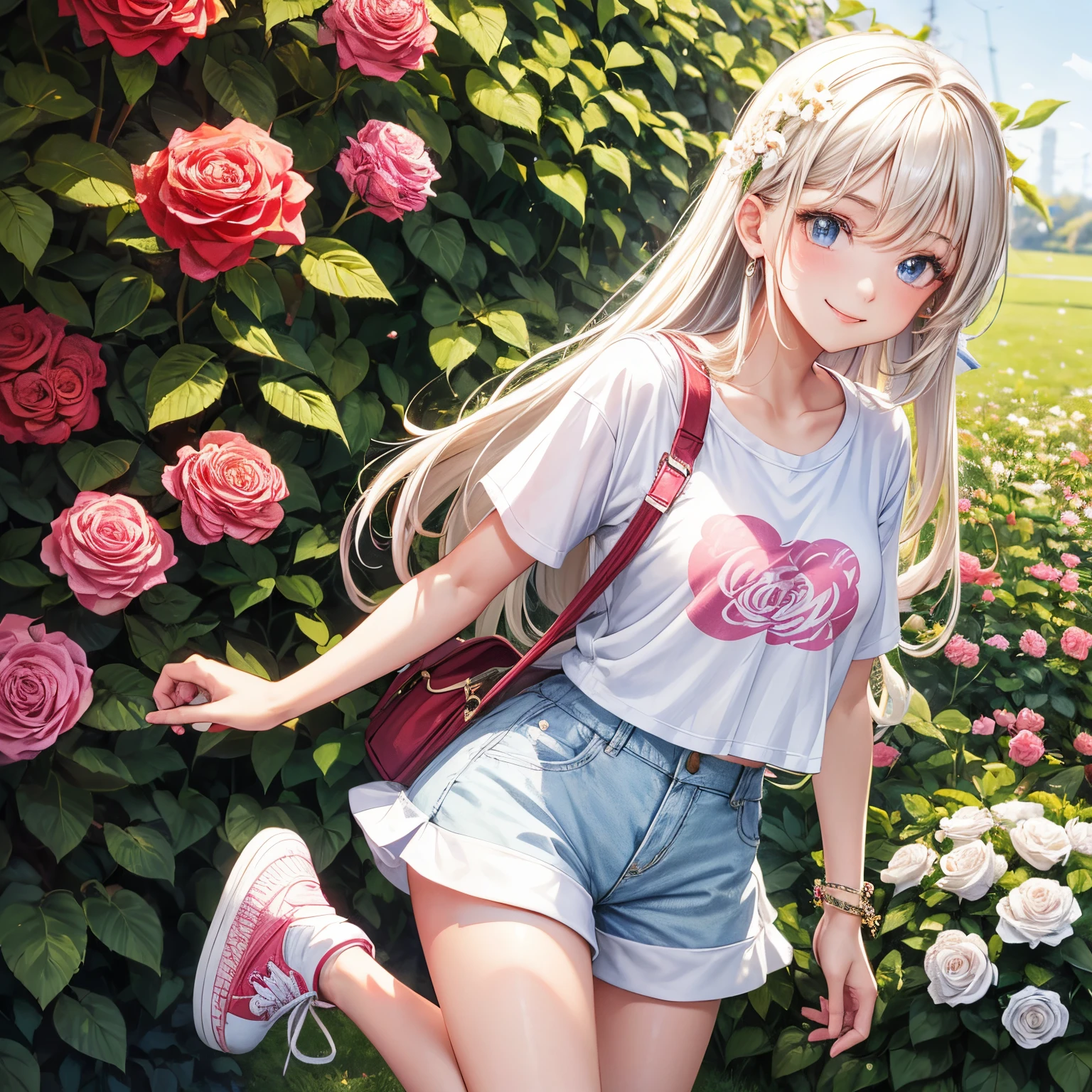 tmasterpiece, A young and beautiful girl, Smiling, looking at the camera in, standing in front of a rose bush, in shorts and t-shirt, White sneakers. dressed in a top and shorts, blossoms, fully body photo, Casual pose, slender leg