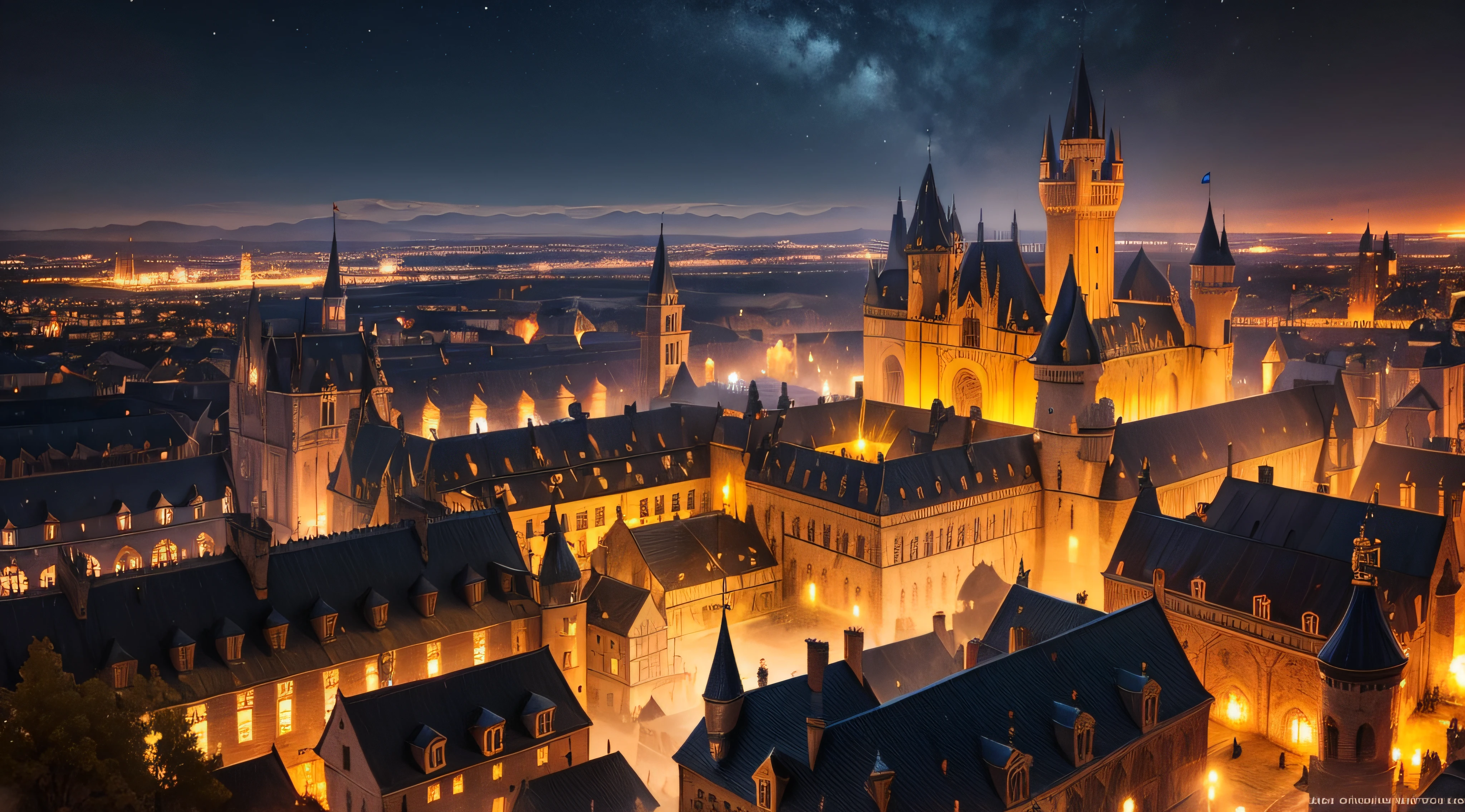 a fantastic medieval city with its majestic castle at night (view from above)