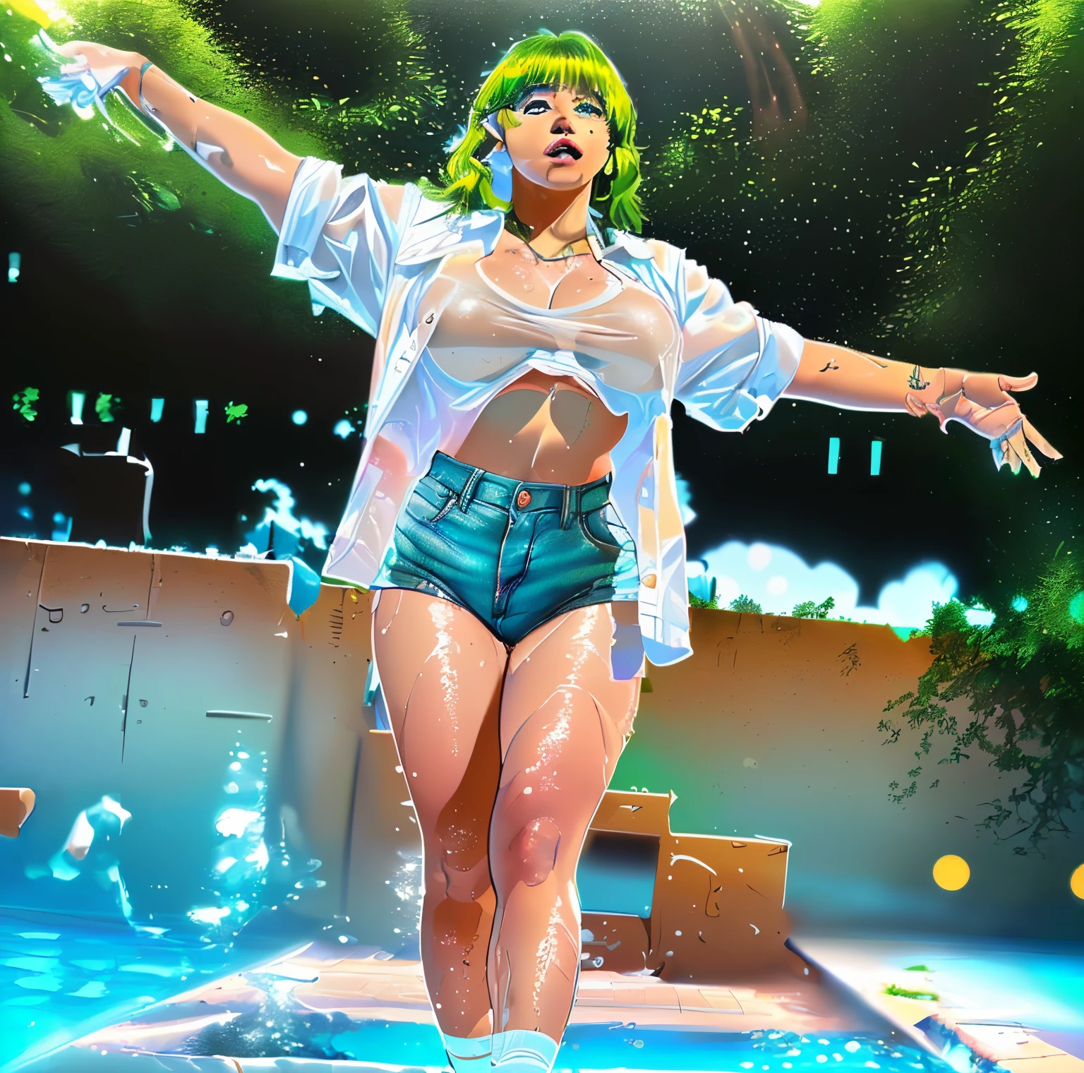 (((obra maestra), (,CG 8k extremadamente detallado), la mejor calidad, solo, 1girl, ((obra maestra)), (mejor calidad), (detallado), (1 chica), oversizedShirt, camisa blanca, hombro apagado, brazos hacia arriba,  apretados, elbow squeeze, mirando al espectador, cabello verde, pelo desordenado, hermosa, figura completa, pies visibiles, sentada, lineas definidas, en una piscina, minifalda, sentada