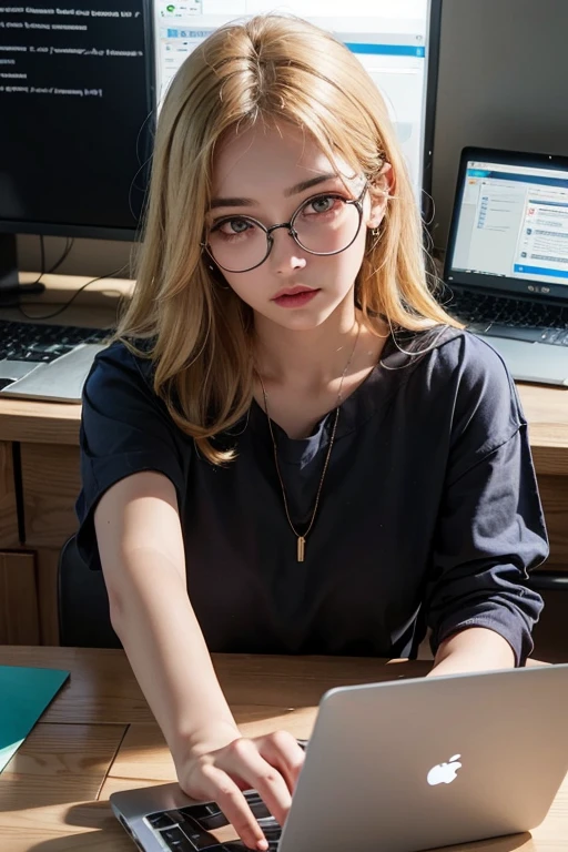 ((best quality)), ((masterpiece)), (detailed), perfect face, blonde-haired, round glasses,  programmer, working in front of laptop, (front view, looking at the laptop), candid