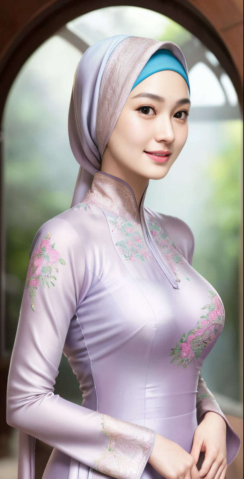 Luna Maya, (RAW photo:1.2), (photorealistic:1.4),(masterpiece:1.3),(best quality:1.4),ultra high res,(detailed eyes),(detailed facial features),(detailed clothes features),HDR,8k resolution, skin tight, (((high detailed skin,visible pores))), dreamlike, (ulzzang-6500-v1.1:0.5),pureerosface_v1:0.2, face close-up, 1 girl, tall body, slim faces, body abs:1.2, , 30 years old, gigantic breast, wearing tight close pastel floral silk malay gamis with hijab, full body, beautiful shy smile, wearing high heels