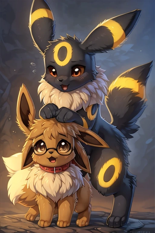 [by Hioshiru],furry, Feral, Pokemon, eevee and umbreon, Long fluffy hair, glasses, eevee with brunette fur,umbreon with black fur, glasses, Hazel eyes, embarrassed, average breasts, pussy, plump pussy, canine paws, paws for hands, short height, shortstack, crawling, heavy, collar, walkies, perk,eevee sucking umbreon's dick,oral sex