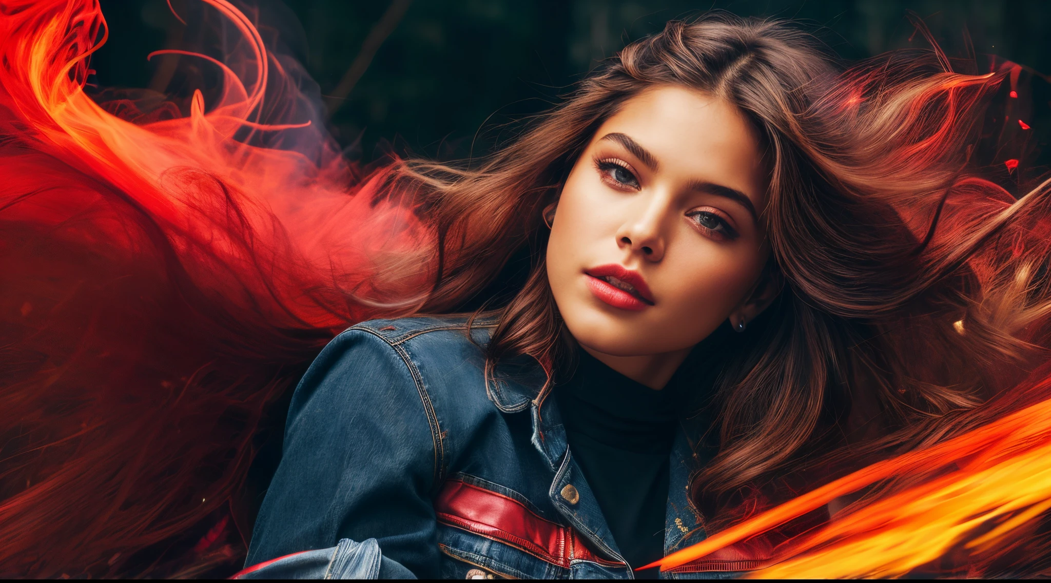 Maximum Extreme Hyper realistic, Maximum Extreme Hyper Detailed, Hyper-Sharp Extreme Maximum, Hyper-Sharp Extreme Maximum, Maximum extreme close-up, frente frontal, corpo inteiro, retrato, Thylane Blondeau linda mulher, (((modelo bonito, com longos cabelos negros e ultra detalhados, com olhos azuis, vestido com uma jaqueta vermelha gradiente e blusa branca estampada com letras japonesas, jeans,))))((((ultra realista 8k, Super Detalhe), Post-processing, (arte splash), Perspectivas exageradas, Cores Naturais, (Colorido e altamente detalhado )))) , camera with multiple movement angles, fogo glamoroso, swirl of red smoke and glowing particles, Low neon effects, nuances prateadas e pretas, ultra detailed 8k video, HDR, imagens complexas, give me the best image and motion experience, Exaggerated Perspectives, Natural colors, (Colourful and Highly Detailed ))))  in the middle of a forest at night running away, camera with multiple movement angles, glamorous fire, swirling red smoke and glowing particles, low neon effects, silver and black nuances, ultra detailed 8k video, hdr, complex images, provide me the best experience of image and movement