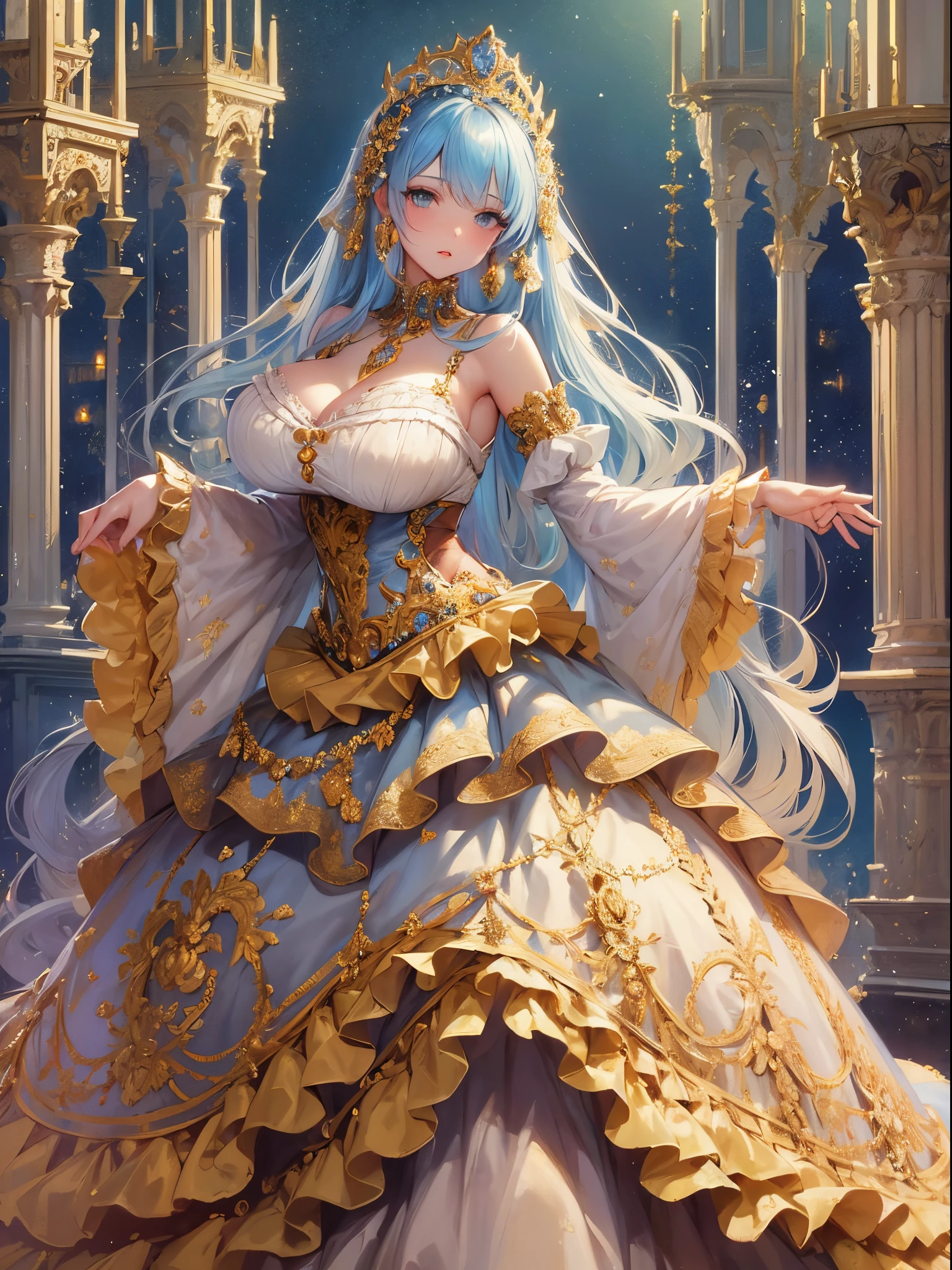 ultra-detailed, extremely detailed,((anime artstyle)),Masterpiece,(Best Quality),(Super Detail),(Very Delicate and Beautiful),((Solo)),((full body)),full body,((detailed face and eyes)),perfect eyes, rendered eyes,jewel-like beautiful eyes,((1 princess in beautiful embroidery and jeweled gorgeous rococo ballgown with frilled voluminous full length hoop skirt)),((Crinoline)),beautiful embroidery and jeweled gorgeous rococo ballgown with frilled voluminous full length hoop skirt,(large amount of straight hair,extremely voluminous Very Long straight Hair,Absolutely Long Straight Hair),sparkly skin,(((very gigantic boobs))),Bursting breasts,cleavage,(fantasy castle,outdoors,outside the castle),long_gloves,extremely gorgeousfull jeweled hair ornament,(bling-bling extremely gorgeousfull jeweled tiara),(luxurious jewelry),full body,beautiful embroidery and jeweled gorgeous rococo ballgown with frilled voluminous full length hoop skirt
