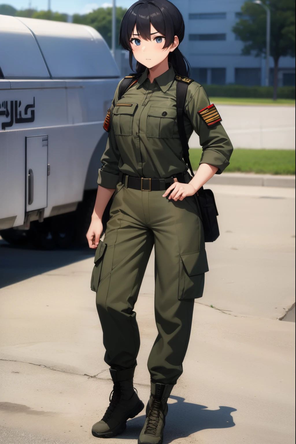 caucasian pale female solder in military base, short skirt, agony on the face, falling down
