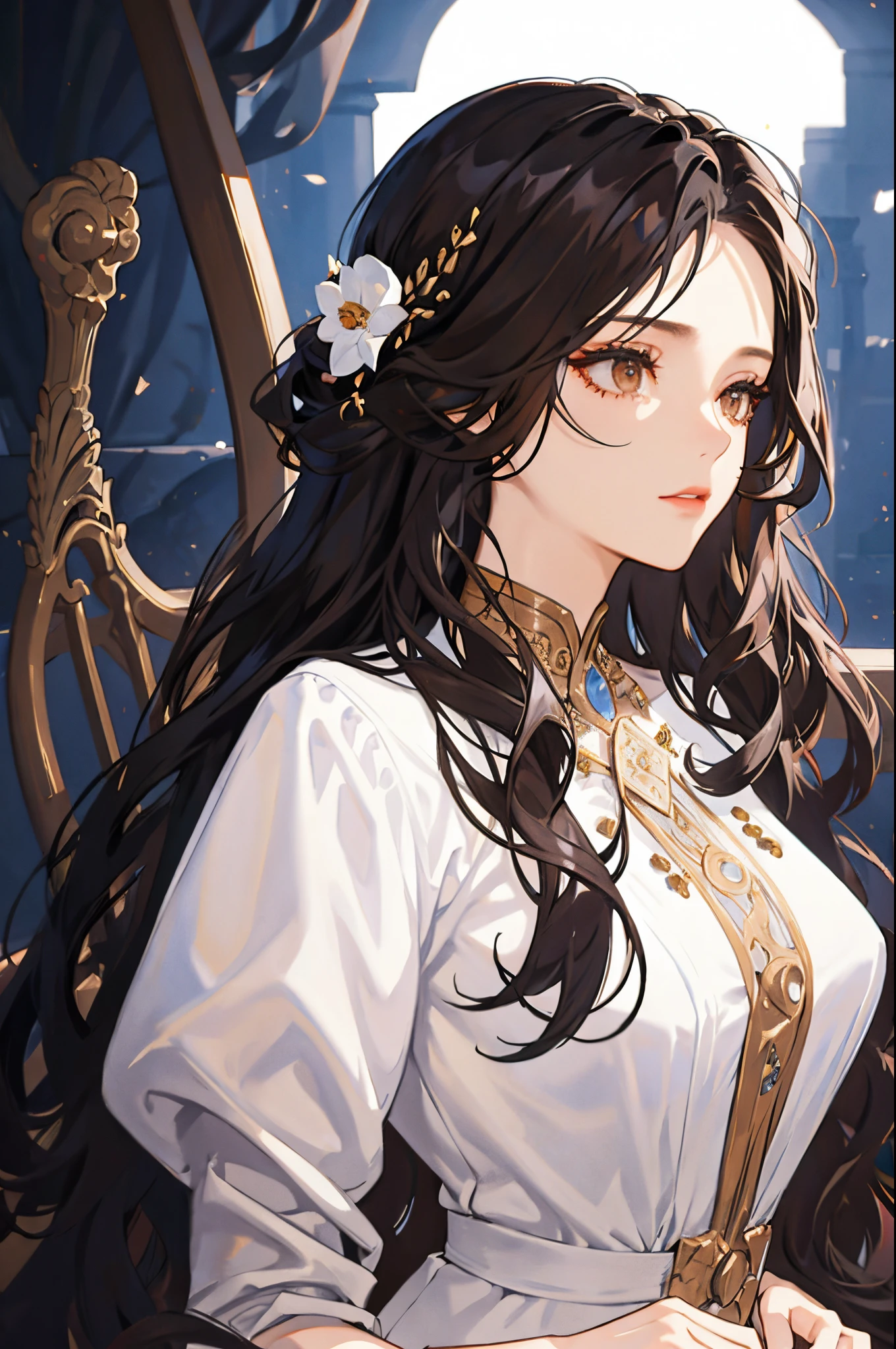 (masterpiece:1.2),1woman,black long hair,brown eyes,(gorgeous:1.4),white dress,fantasy,elegant,royal,dreamy lighting,extremely detailed face,strong woman,suit