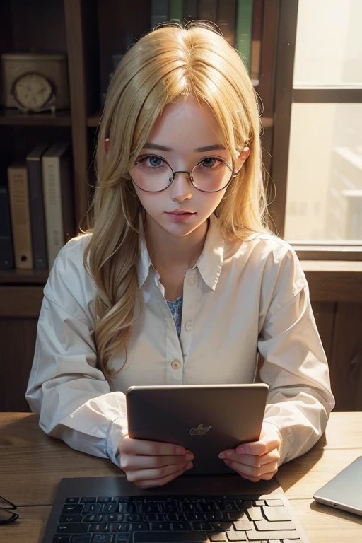 ((best quality)), ((masterpiece)), (detailed), perfect face, blonde-haired, round glasses, programmer, working in front of the laptop, (front view, looking at the laptop), candid