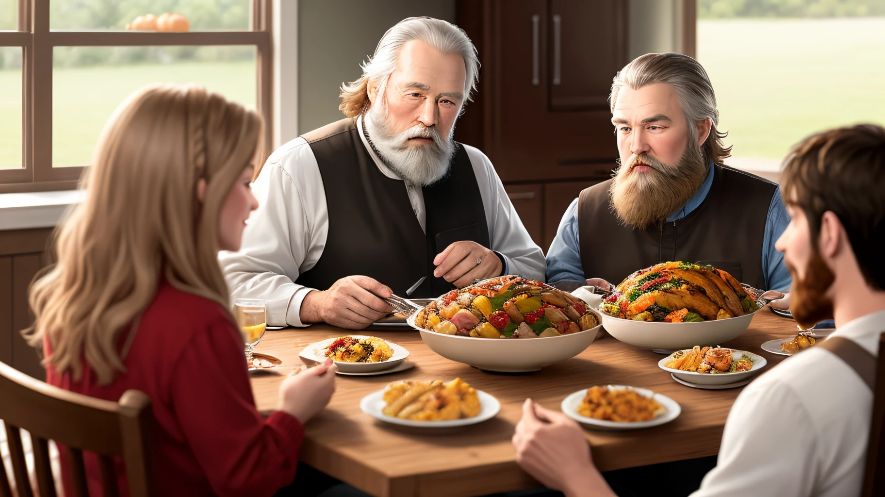 Create an image of a southern family having thanksgiving dinner. The grandfather has a beard