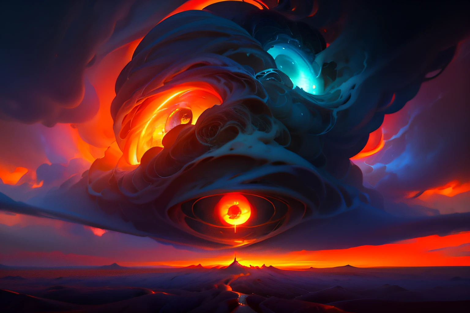 the Eye of Sauron ( a gigantic lidless eye wreathed in flame) in a strange landscape, digital art inspired space art, beeple and tim hildebrandt, and greg rutkowski painting of a large cloud with Numerous eyes and a tornado swirl coming out of it, a surrealist painting by Michael Sutfin, , android jones and rhads, cloud vortex, thick swirling tornado, surrealistic painting, surrealist landscape painting, thunder clouds modernism,, jacek yerka and vladimir kush, surreal painting, lightning , star field sky / lightning / giant eye balls / giant flaming eyes in the sky