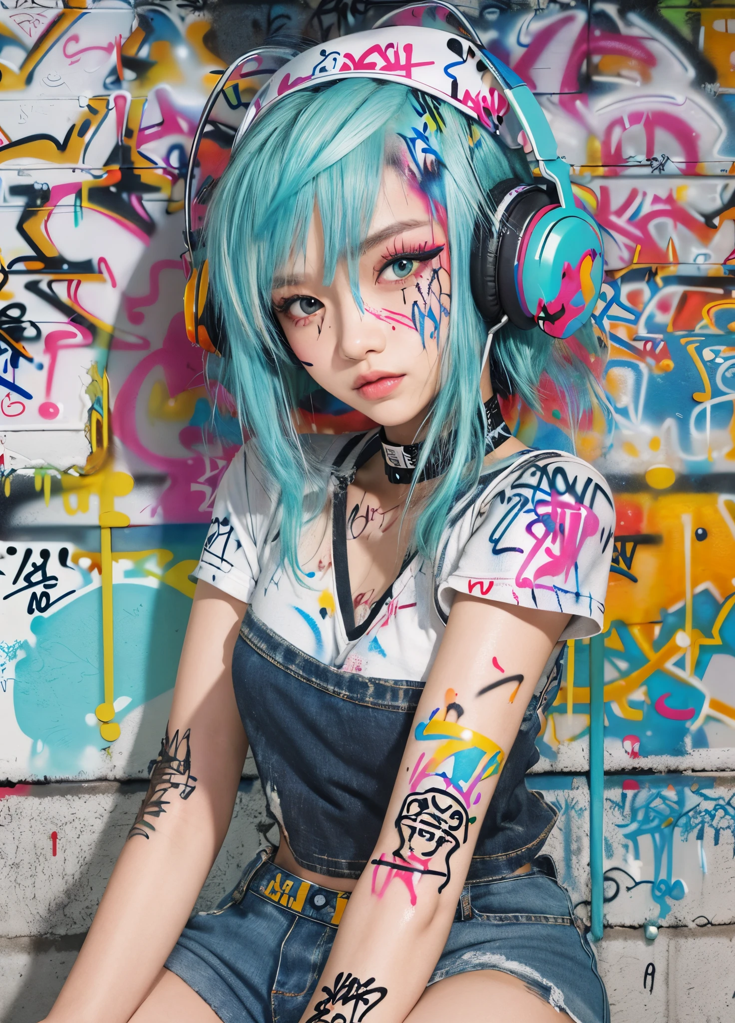 masterpiece, best quality, 1 malay girl, solo, crop top, denim shorts, choker, (graffiti:1.5), paint splatter, arms behind back, against wall, looking at viewer, armband, thigh strap, paint on body, head tilt, bored, multicolored hair, aqua eyes, headset,