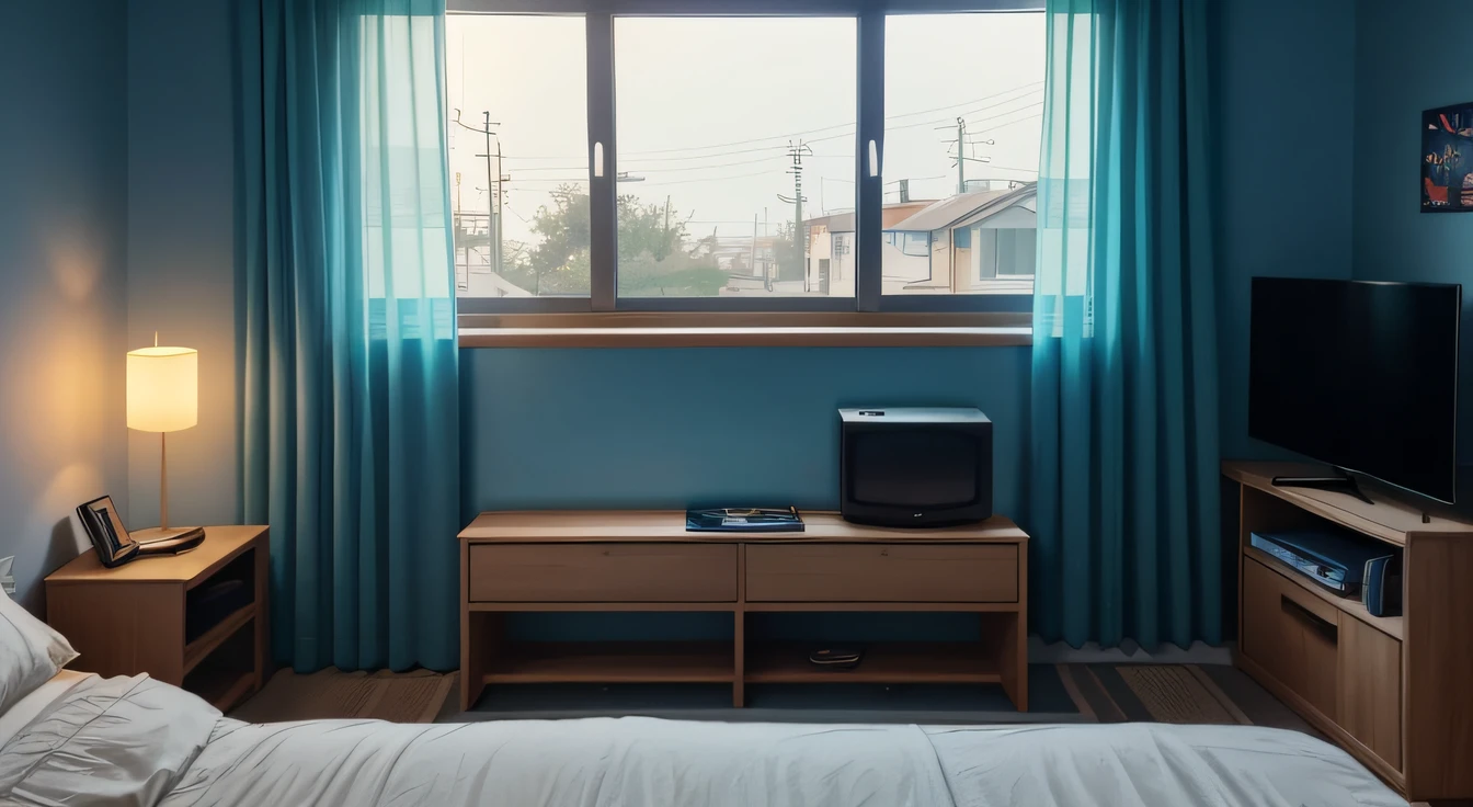 A bedroom window looking outside with curtains, the room is spacious, adorned with neon text on the wall that reads "Om Balax." There's a small shelf with a PS5 and a TV, with the room lit up by gamer-style lights. It is set in a peaceful suburban neighborhood in the morning, resembling scenes from an anime.
