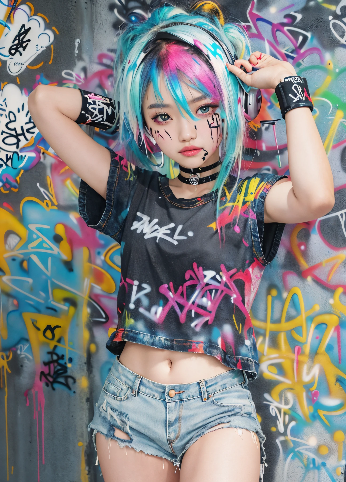 masterpiece, best quality, 1 malay girl, solo, crop top, denim shorts, choker, (graffiti:1.5), paint splatter, arms behind back, against wall, looking at viewer, armband, thigh strap, paint on body, head tilt, bored, multicolored hair, aqua eyes, headset,