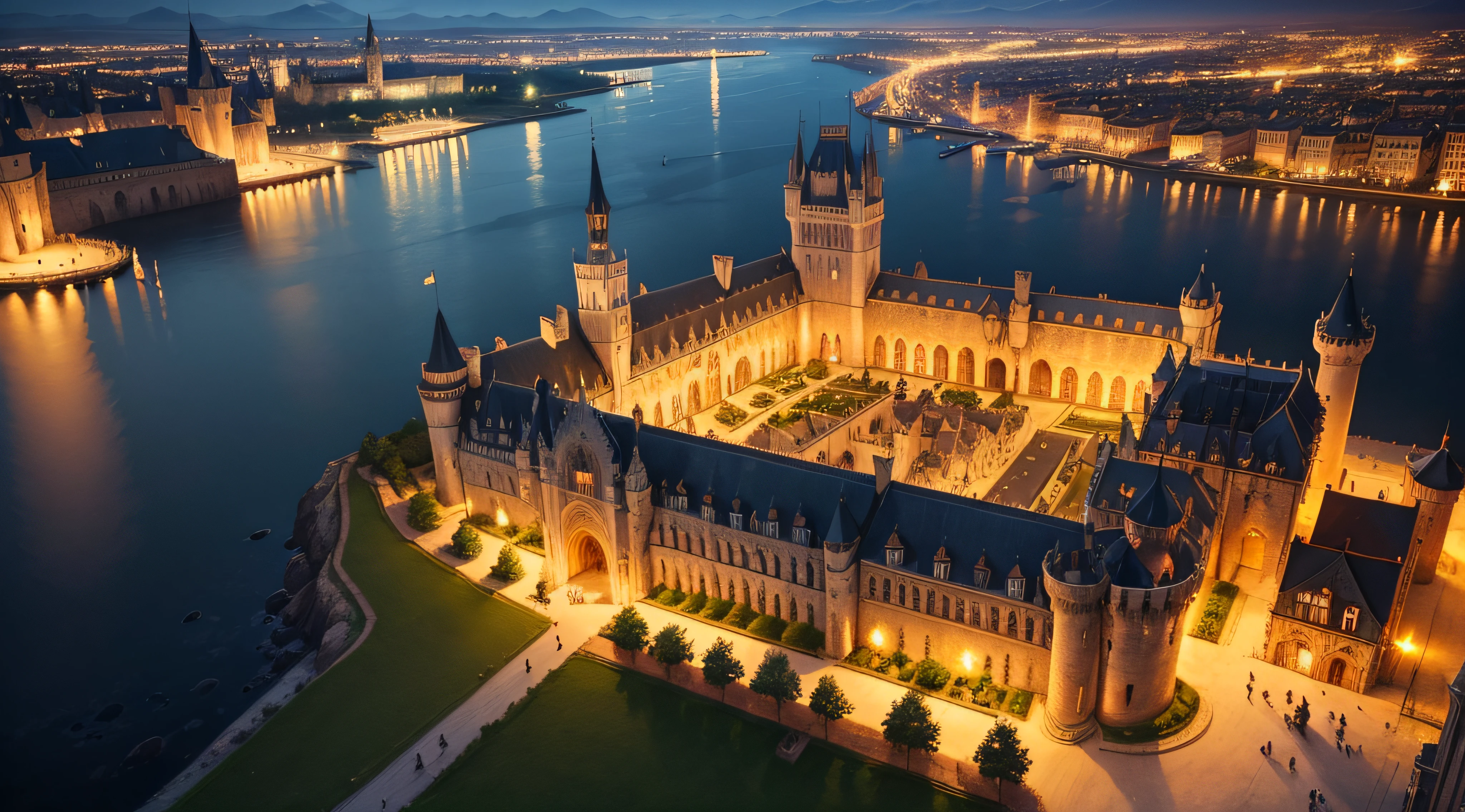 a fantastic medieval city with its majestic castle at night (view from above)