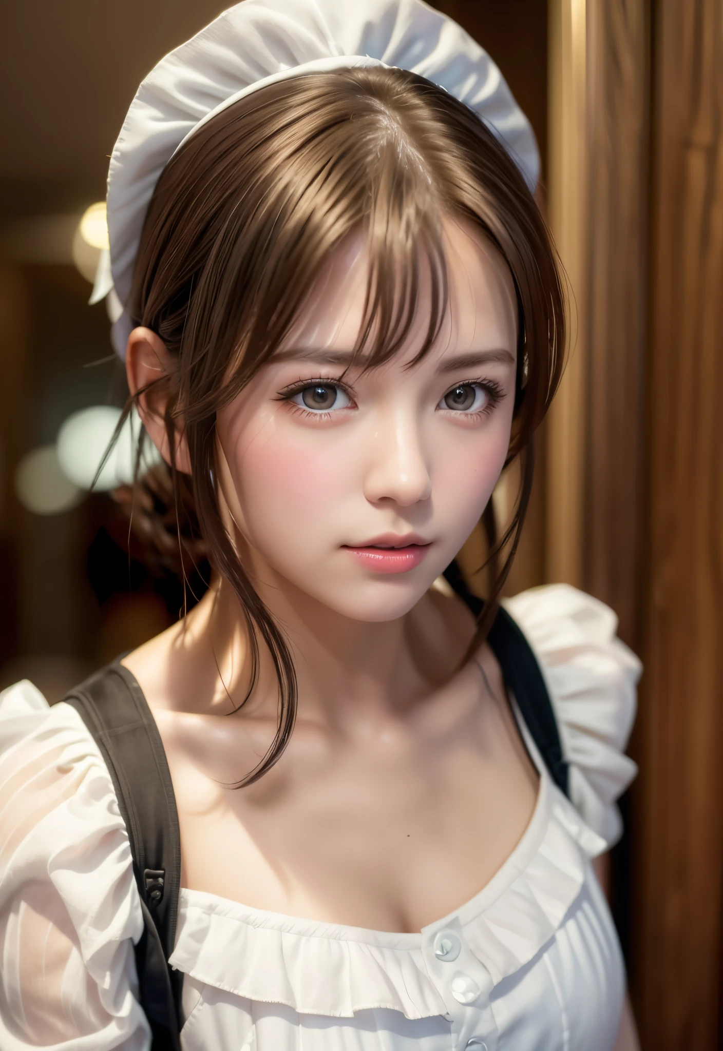 8K, of the highest quality, masutepiece:1.2), (Realistic, Photorealsitic:1.37), of the highest quality, masutepiece, Beautiful young woman, Pensive expression,、A charming、and an inviting look, Cute Maid Clothes, Hair tied back, Cinematic background, Light skin tone