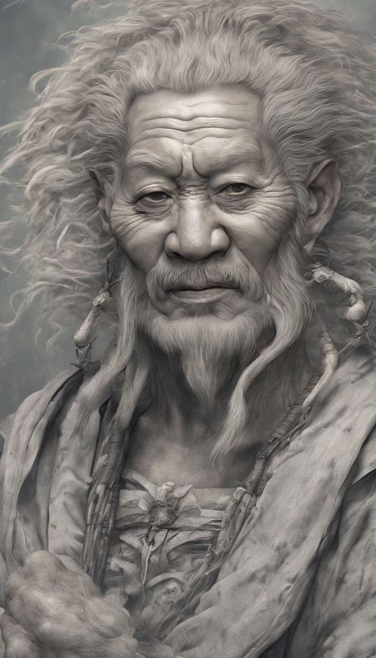 chinese paintings;ink portrait,frontal portrait of deity,Audience visual inspection,Immortal Wind Road Bone,White haired man,Tiger eyes wide,Full of prunes。Burlap。cyan blue background。hyper HD, retinas, tmasterpiece, Acura, Anatomically correct, Award-Awarded, high high quality, high detal, super detailing, ctextured skin, Best quality at best, A high resolution, 1080p, k hd, 4K, 8K, 16k。