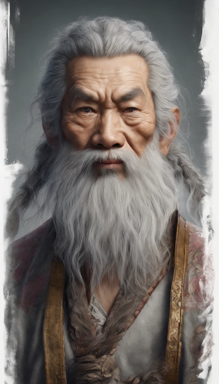 chinese paintings；ink portrait，frontal portrait of deity，Audience visual inspection，Immortal Wind Road Bone，White haired man，Tiger eyes wide，Full of prunes。Burlap。cyan blue background。hyper HD, retinas, tmasterpiece, Acura, Anatomically correct, Award-Awarded, high high quality, high detal, super detailing, ctextured skin, Best quality at best, A high resolution, 1080p, k hd, 4K, 8K, 16k。