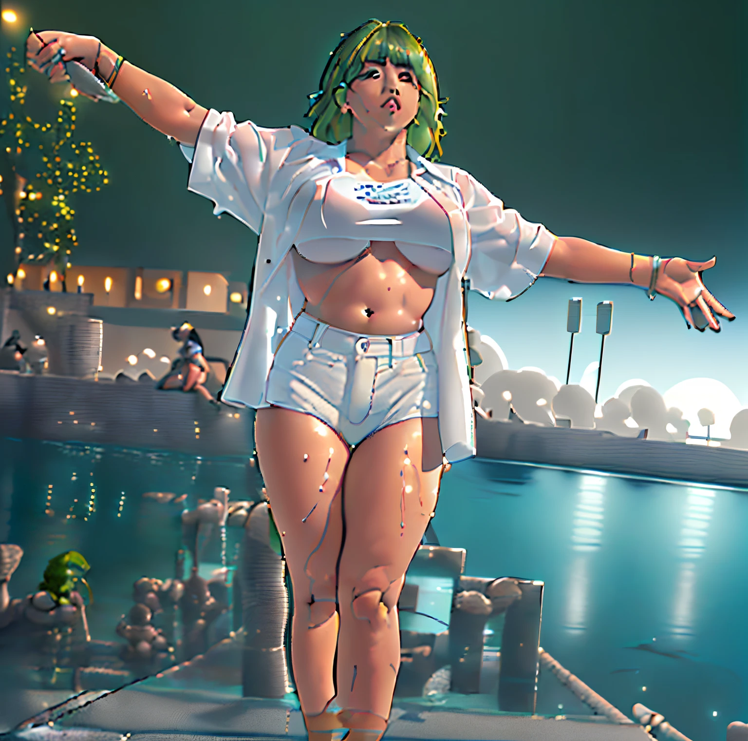 (((obra maestra), (,CG 8k extremadamente detallado), la mejor calidad, solo, 1girl, ((obra maestra)), (mejor calidad), (detallado), (1 chica), oversizedShirt, camisa blanca, hombro apagado, brazos hacia arriba, pechos apretados, elbow squeeze, mirando al espectador, cabello verde, pelo desordenado, hermosa, figura completa, pies visibiles, sentada, lineas definidas, en una piscina, minifalda, sentada