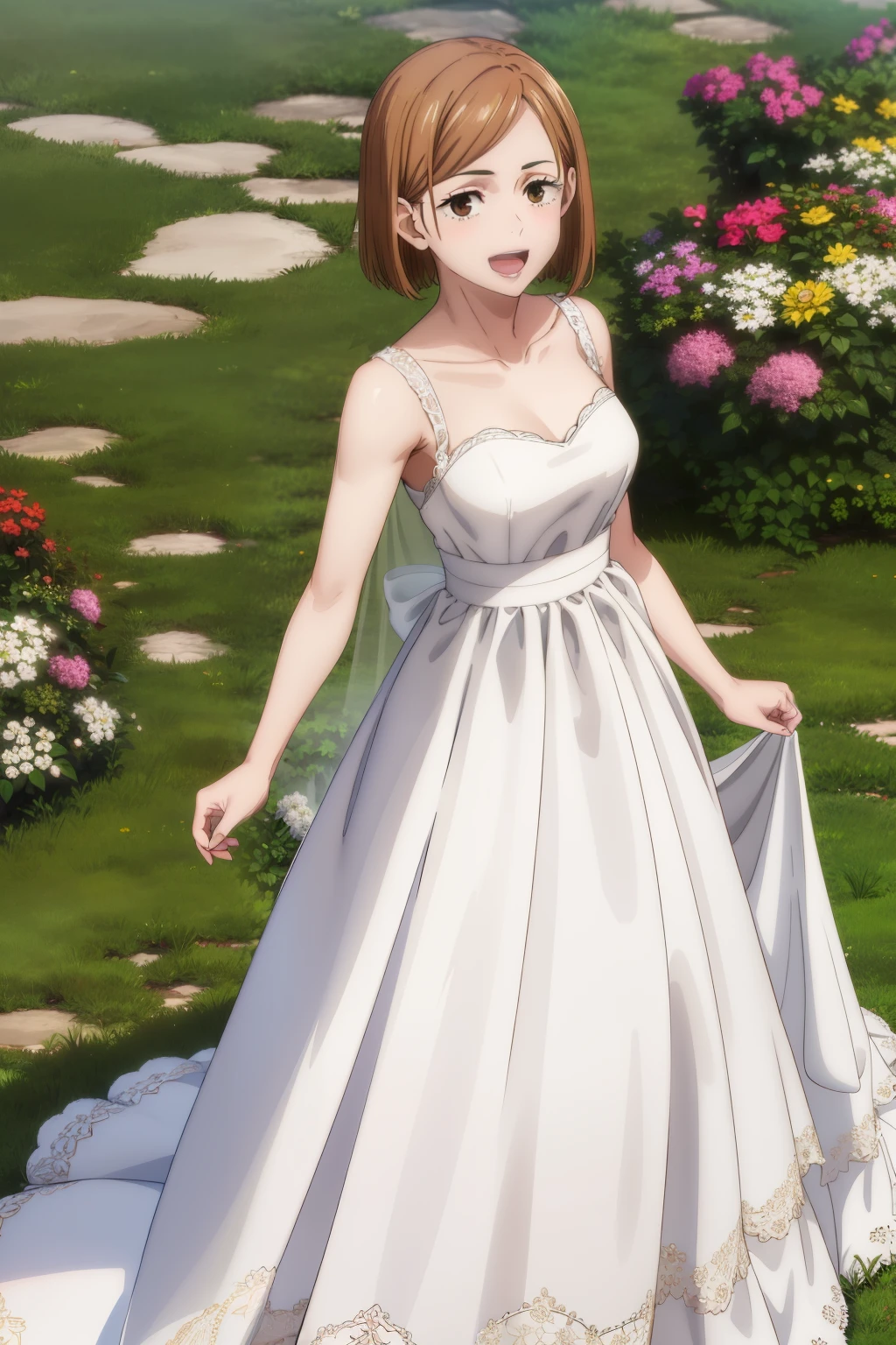 masterpiece, best quality, highres, aarurutie,1girl, wedding dress, white dress, standing, garden, smile, open mouth, nobara, short brown hair, brown eyes,