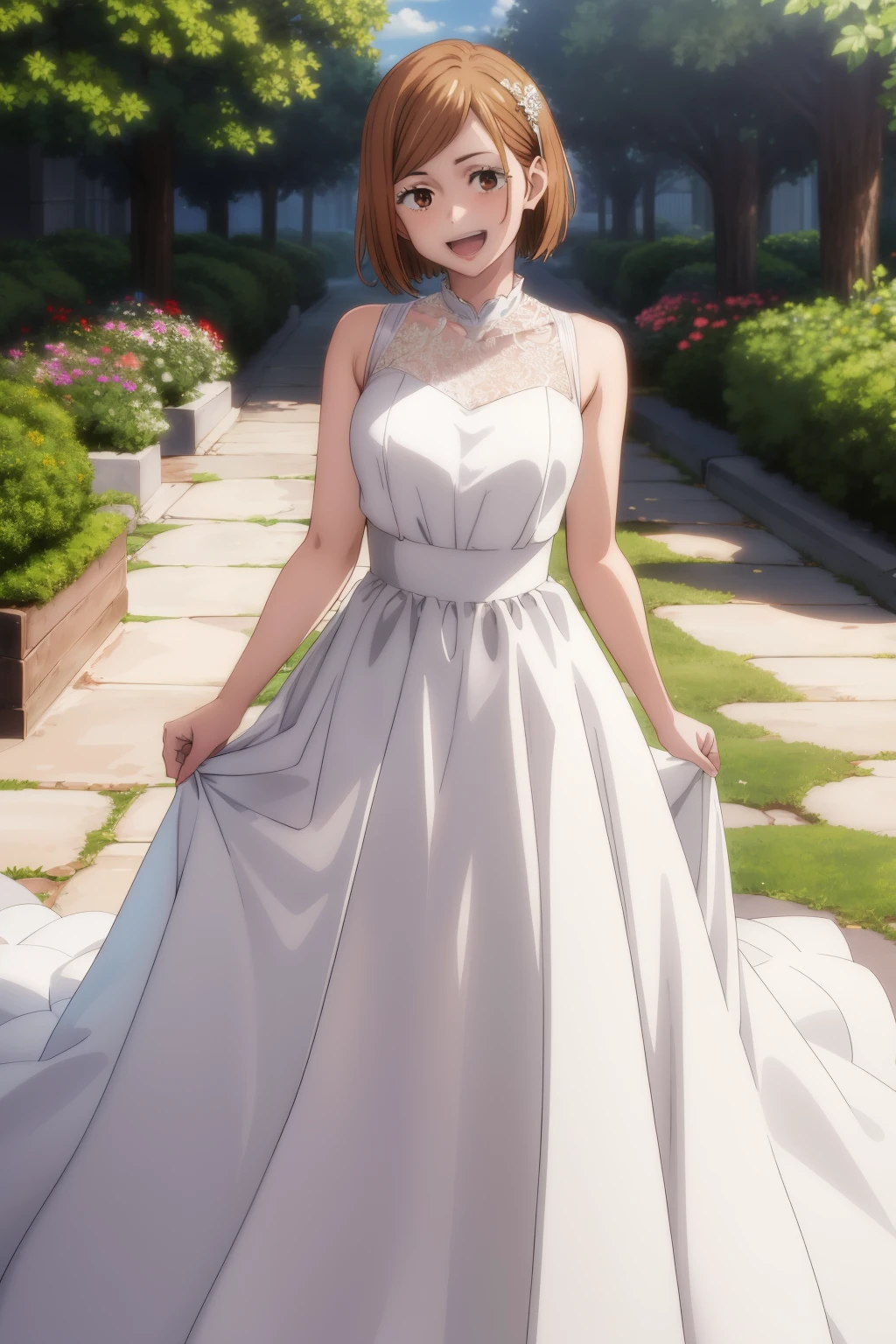 masterpiece, best quality, highres, aarurutie,1girl, wedding dress, white dress, standing, garden, smile, open mouth, nobara, short brown hair, brown eyes,