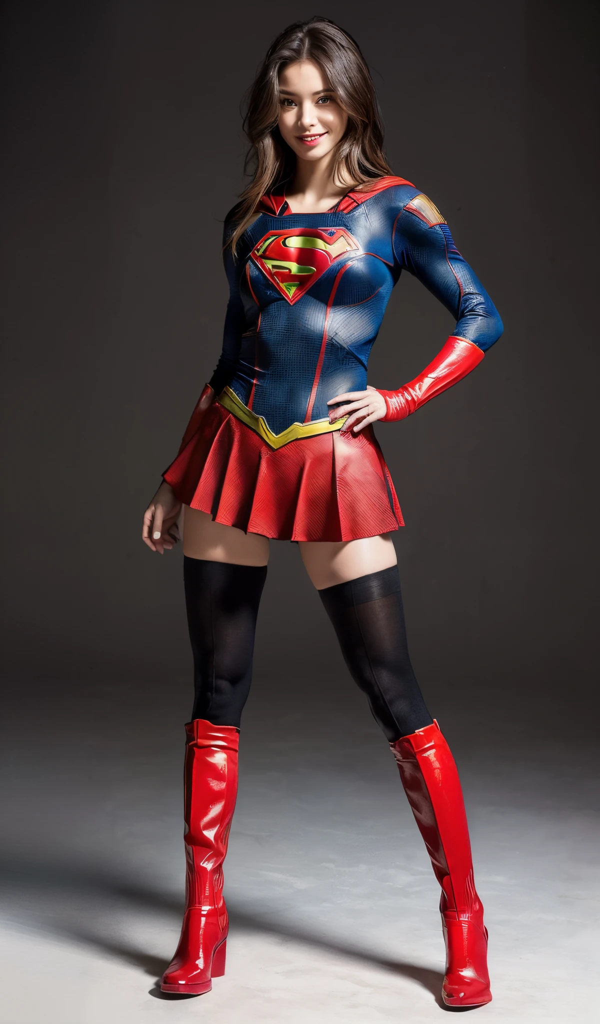 Suffering、mouth is always open sloppily、Drool is always dripping from my mouth、Asian Beautiful Girl、(((Wear black tights on your beautiful legs.)))、(((beauty legs)))、(((facial expression of smile)))、((((Make the most of the original image)))、(((Supergirl Costume)))、(((a short bob、beautiful hairl)))、(((Suffering)))、(((Feet must necessarily be worn with black tights)))、(((You need to wear red boots)))、((Top image quality、8K))、((top-quality、8K、masterpiece:1.3))、(((Keep your background simple)))、Crisp focus:1.2、Beautiful woman with perfect body shape:1.4、Slender Abs:1.2、a wet body:1.5、Highly detailed facial and skin texture、8K、beauty legs