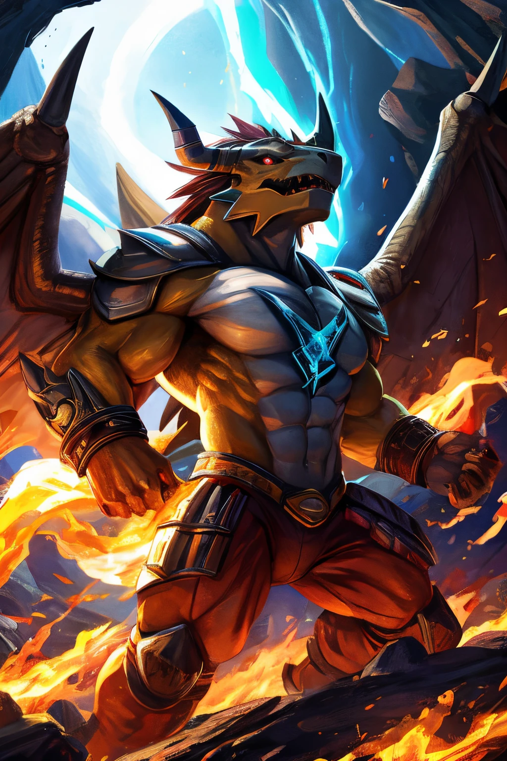 best quality,ultra-detailed,realistic,illustration,(yellow skin:1.1),(muscular:1.1),detailed eyes,detailed lips,Wargreymon from Digimon Adventure,fantasy,powerful stance,sharp claws,scaly texture,vibrant colors,fiery background,emblem on chest,shining armor,exaggerated proportions,huge wings,fierce expression,charging attack,glowing eyes,fiery aura,action-packed scene.