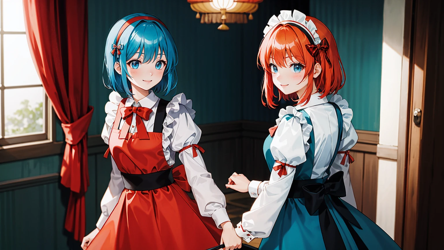 tmasterpiece,Best quality at best,Japanese cartoon,(2d:1.2),Indoors, ,  1个Giant Breast Girl, Roswaal mansion maid uniform, Alone, maid, cyan blue eyes, short detailed hair,bow hair band, hair between eye, separated sleeves, looking at viewert, red hairband,ribbons, By bangs, back to look back, the bow, orange color hair,Red Belt, black sleeve, janelas, longer sleeves, aprons, white bows, decor,ribbontrim,light  smile, Put your hands together,