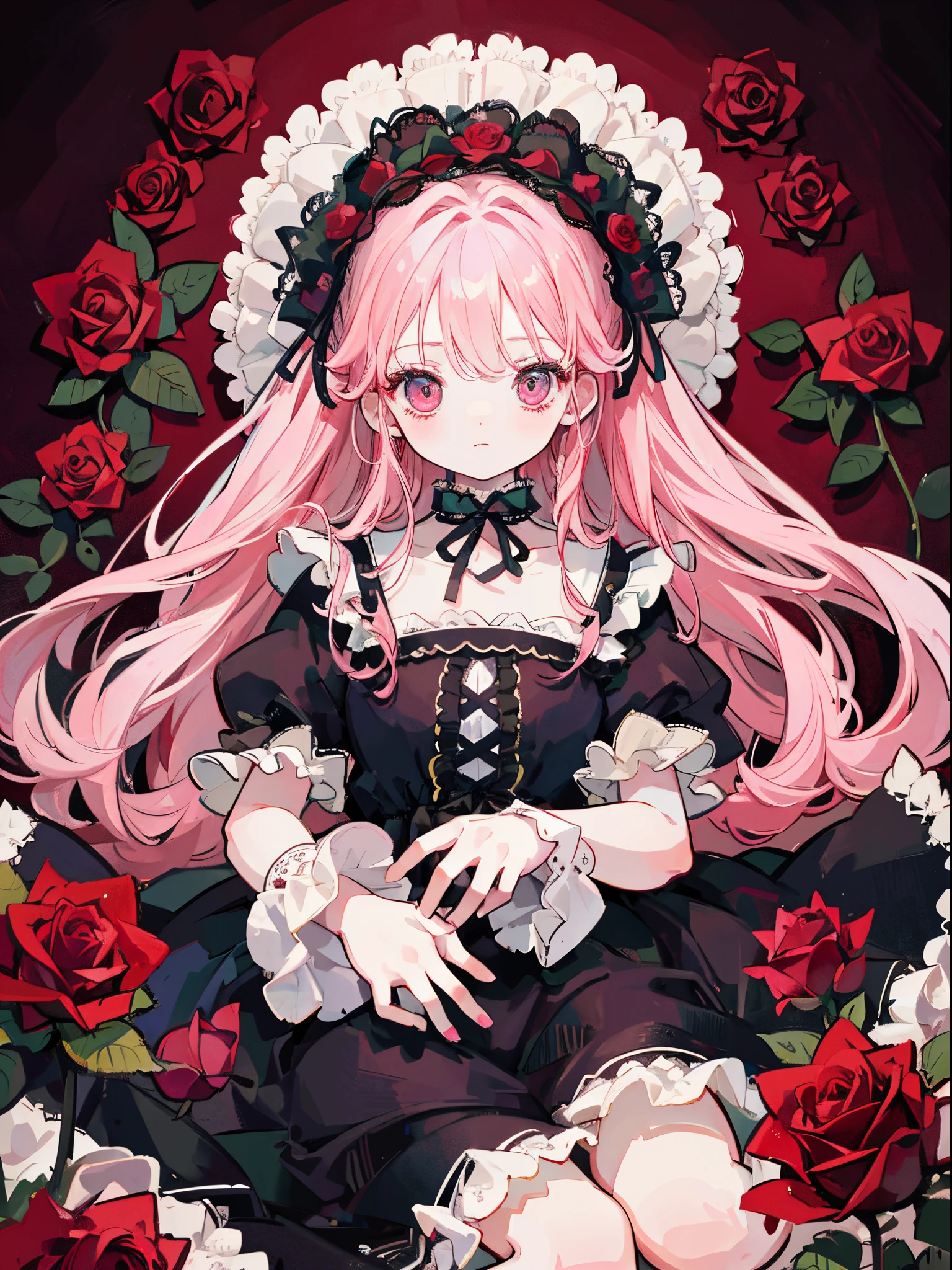 Two 3 year old girls、Rose Maiden、Two people love each other、doll、fullllbody、Lots of rose petals on the background、Impressive eyes、Lashes、lower eyelashes、Delicate lace、Delicate frills、Beautiful Gothic Dresses、Red roses in the background、Arrangement with Sense、Extremely high quality、high-level image quality、Extremely delicate drawing