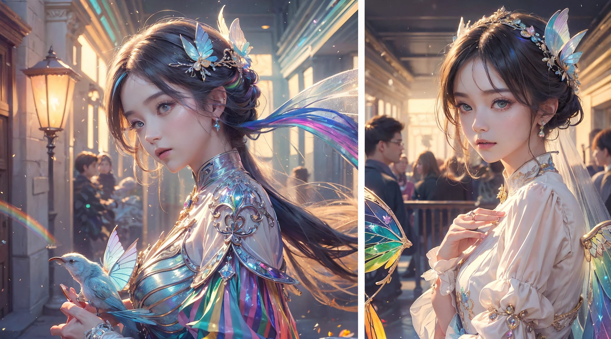 (((tmasterpiece))), (((Best quality at best))), ((ultra - detailed)),(Highly detailed CG illustration), ((Extremely Delicately Beautiful)),电影lamplight, Imitate the styles of current popular genre masters,Create stunning works of fantasy art. Works should contain mythology and fantasy、Fairy tale fantasy elements,And comes in dreamy rainbow colors. ((Use the rainbow as the primary color scheme.)) The character in the work is a delicate and strong petite figure,Full of mystery and magic, (Beautiful translucent rainbow wings). Pay close attention to intricate facial features, Such as bright colors and eye-catching shadows. 人物'Costume design should use tulle feathers, silk dress, Amazing embroidery, and subtle iridescent details. contains an icon (((Translucent rainbow))), dream color, 动态照明, Detailed background elements create a sense of awe and immersion. Includes a colorful flying magical bird and a jewel-toned rainbow butterfly with a magical halo. Consider the latest trends in fantasy art, por exemplo, Incorporate unique lighting effects, Discover dynamic and eye-catching composition techniques, And try a unique color palette. Get inspired by top artists on ArtStation and Midjourney. cameras: Choose an angle that highlights the beauty of the figure and enhances the magical majesty of the artwork. lamplight: Create depth and mood with mood lighting technology. settle down: Pursue high-resolution artwork,Demonstrate intricate detail and clarity. Artistic inspiration: Find inspiration from popular artists on ArtStation, Explore different styles, type, and the theme.