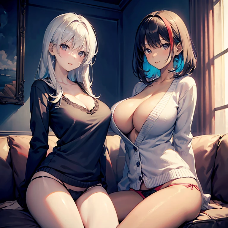 (masterpiece), (top-quality), (hight resolution), (perfect anatomia), Beautiful lighting,(2 pretty girls), (sit on the sofa in the lobby), teats, The areol, (Knitted cardigans), (Lace panties), beautidful eyes, High-definition beauty face, Bewitching look, (large full breasts:1.3), NSFW, Soft skin, Photorealsitic, shinny skin, multicolored hair, Spread your arms