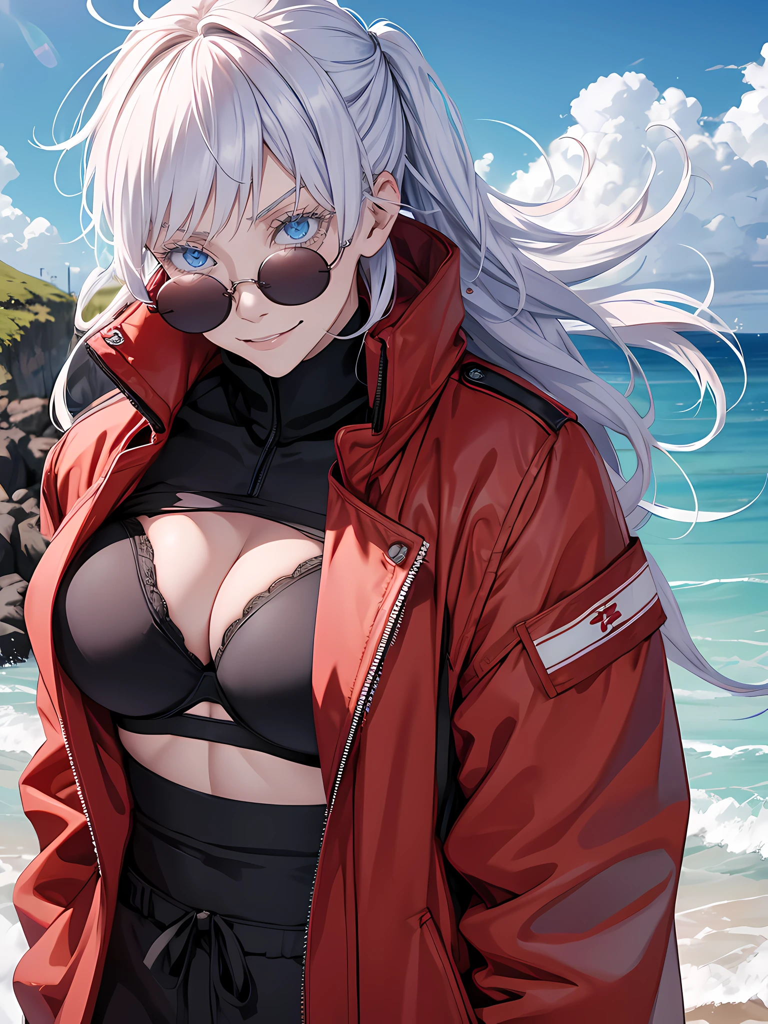 Woman, famale version, female, jujutsu kaisen, solo, alone, happy, smiling white hair, bangs, long hair, white eyebrows, white eyelashes, light blue eyes, wearing round sunglasses, wearing bra, red jacket, beach, high quality, 4k resolution, anime