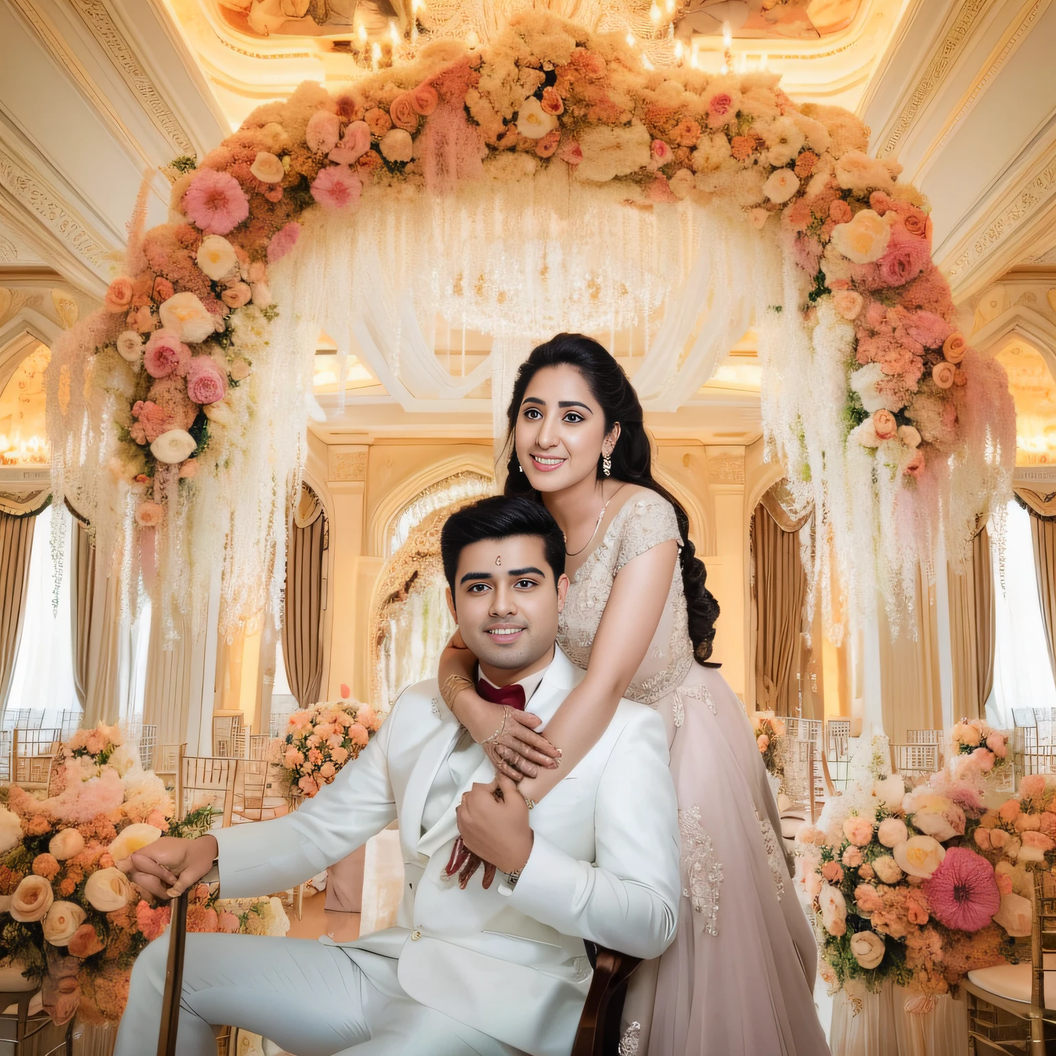 Aarav and Anusha's wedding photos beside the Grand Ballroom., luxurious wedding, luxurious backdrop, wedding photo, scene, The backdrop is elegant and complex., romantic theme, lovely couple, Couple portrait, professional wedding photography, Double shots, 🤬 🤮 💕 🎀, Ngai Vikto and Dougherty Patrick, Floral painting backdrop, Ross Tran and Bayard Wu, wedding