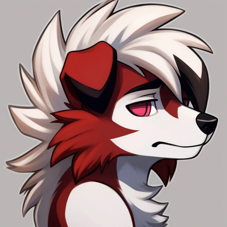 anthropomorphic, male, midnight Lycanroc, detailed eyes, fluffy, sad, ears down, looking away, headshot, sticker, white background