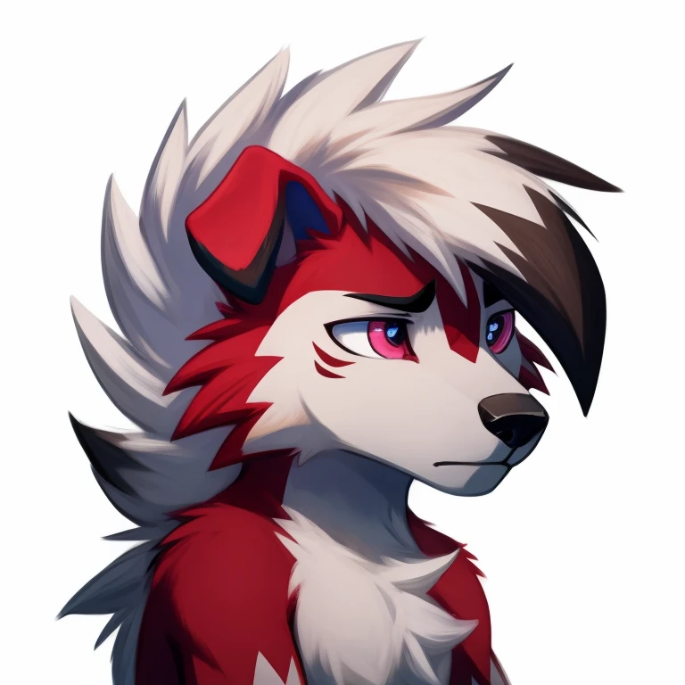 anthropomorphic, male, midnight Lycanroc, detailed eyes, fluffy, sad, ears down, looking away, headshot, sticker, white background