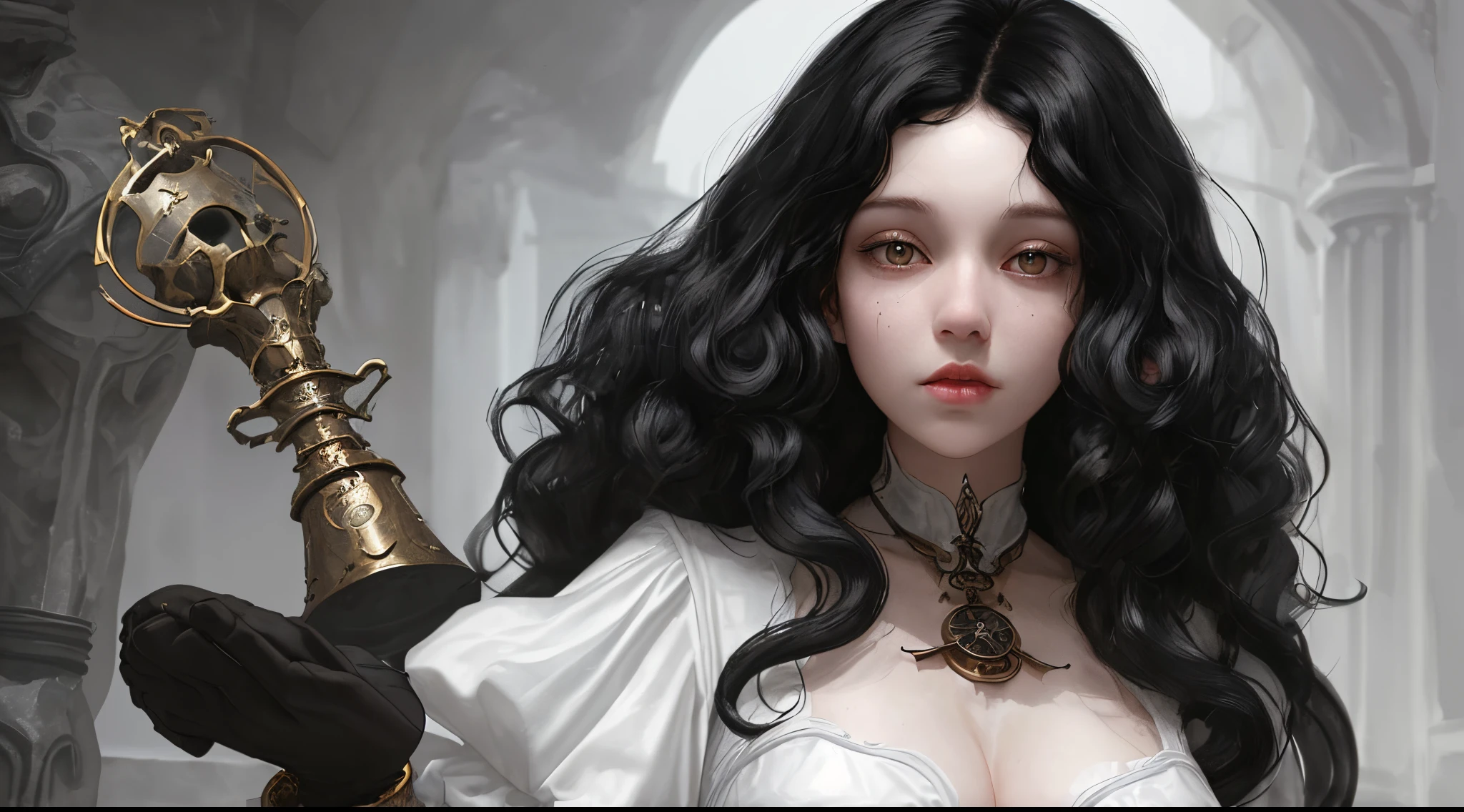 She is a alchemist. Curly Black Hair. White Skin. (Dark Fantasy)