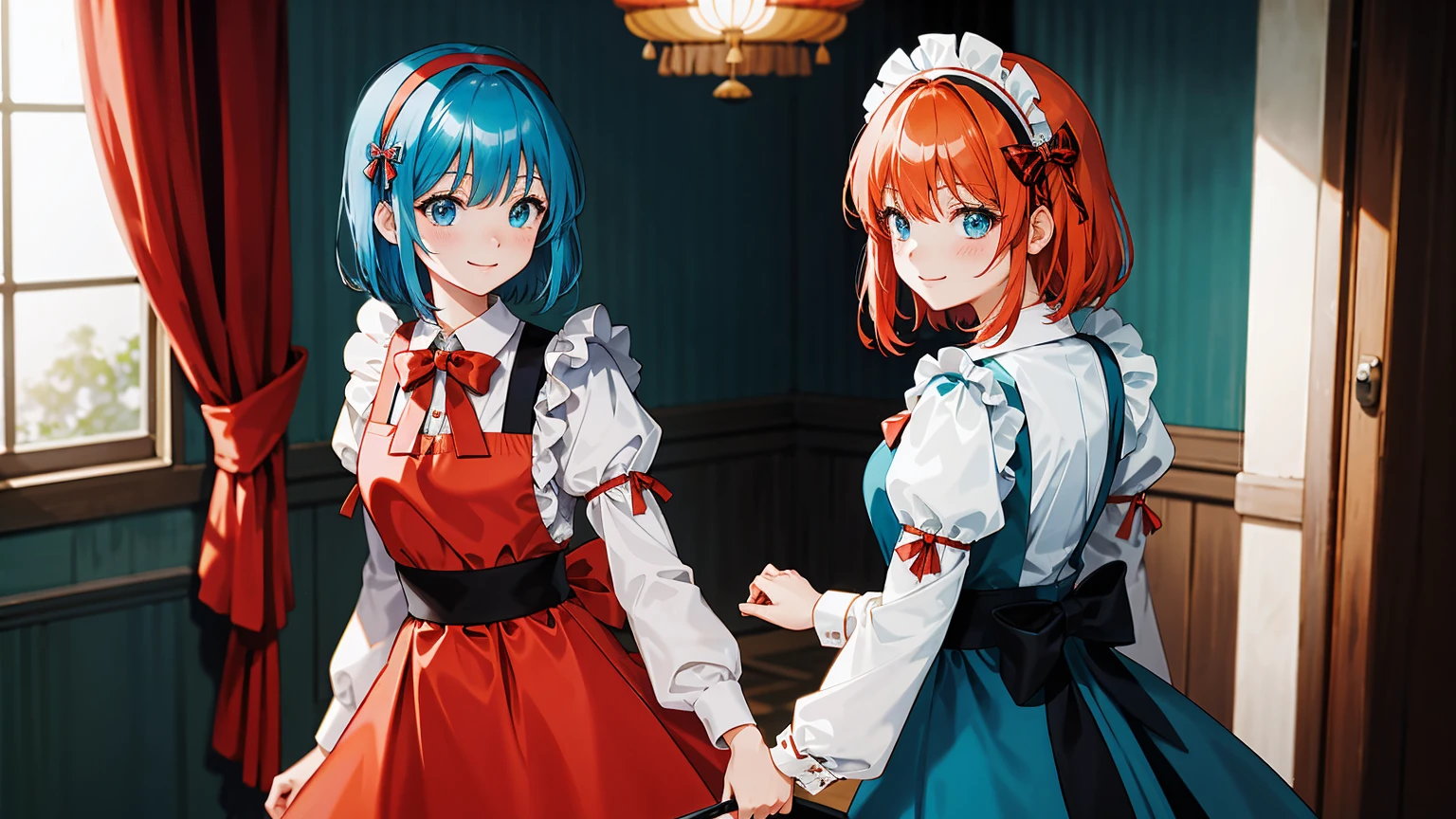 tmasterpiece,Best quality at best,Japanese cartoon,(2d:1.2),Indoors, ,  1个Giant Breast Girl, Roswaal mansion maid uniform, Alone, maid, cyan blue eyes, short detailed hair,bow hair band, hair between eye, separated sleeves, looking at viewert, red hairband,ribbons, By bangs, back to look back, the bow, orange color hair,Red Belt, black sleeve, janelas, longer sleeves, aprons, white bows, decor,ribbontrim,light  smile, Put your hands together,