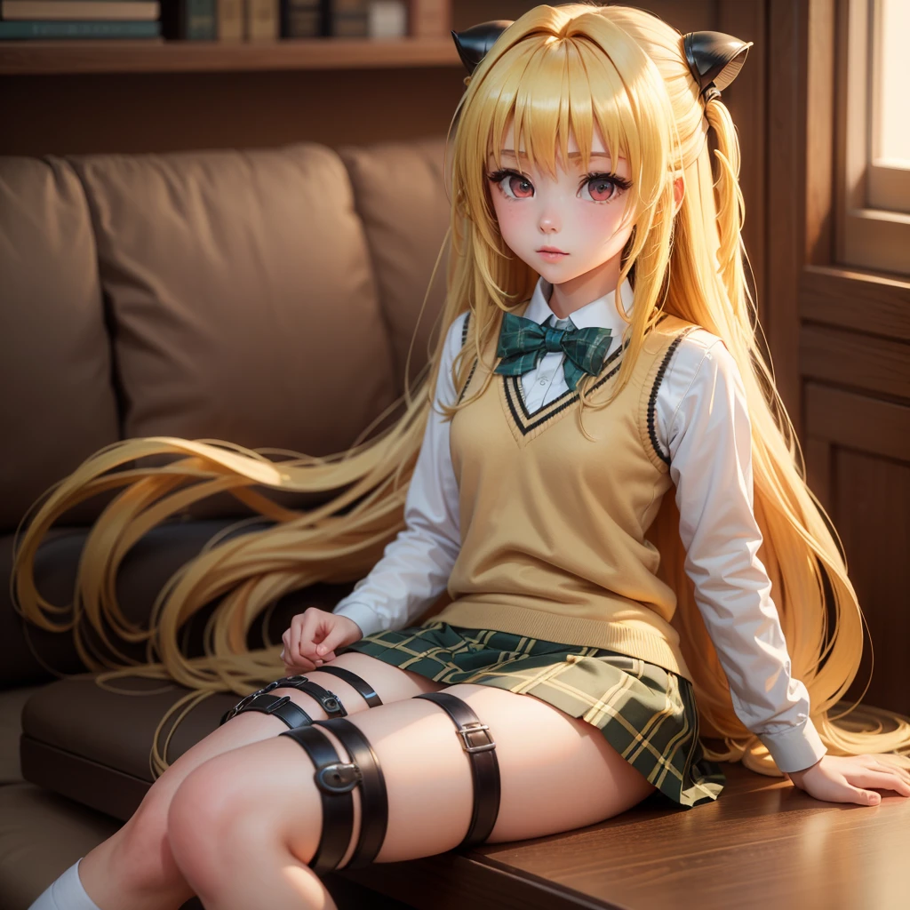 (masterpiece:1.6, best quality), (finely detailed beautiful eyes: 1.2), phyami, yamisch, 1girl, long hair, solo, school uniform, hair ornament, hair between eyes, two side up, blonde hair, very long hair, skirt, red eyes, thigh strap, sweater vest, plaid skirt, plaid, socks, two side up, hair ornament, pleated skirt, kneehighs
,