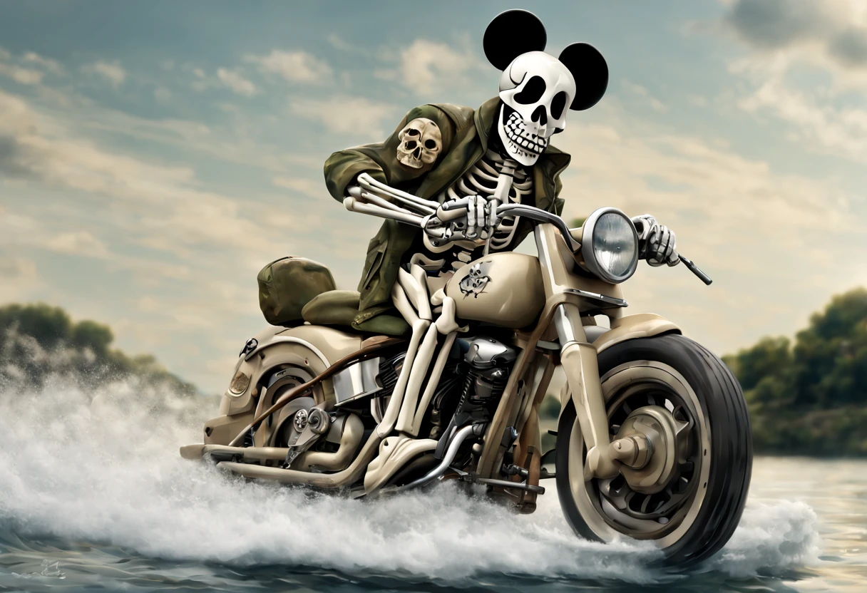 character rider mickey mouse with (((skeleton skull Expressive drama open mouth.! ))) an intricate ivory colored bone face (military camouflage) with two 450 cc outboard engines, incredible view from the water with stunning perspective speed effect, illustration, photorealism