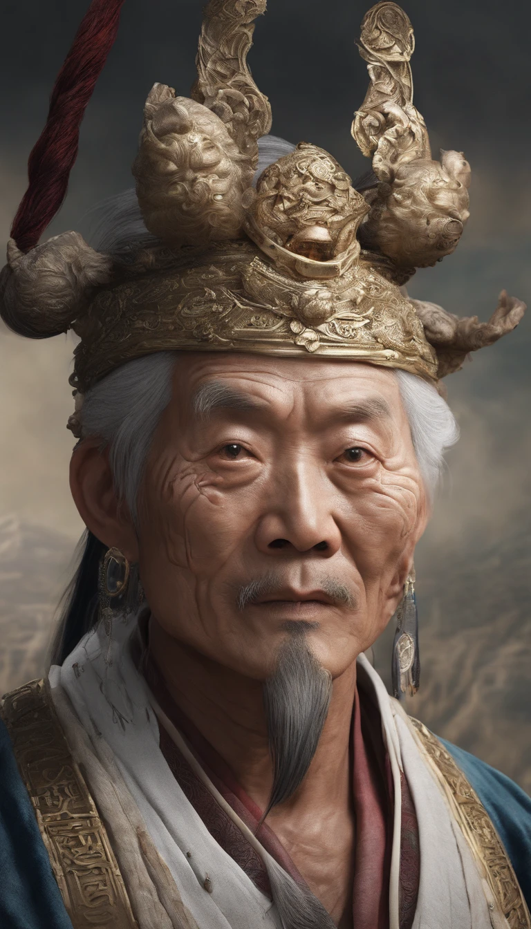 chinese paintings;ink portrait,frontal portrait of deity,Audience visual inspection,Immortal Wind Road Bone,White haired man,with eyes eaking out,Energetic。Warm background。hyper HD, retinas, tmasterpiece, Acura, Anatomically correct, Award-Awarded, high high quality, high detal, super detailing, ctextured skin, Best quality at best, A high resolution, 1080p, k hd, 4K, 8K, 16k。