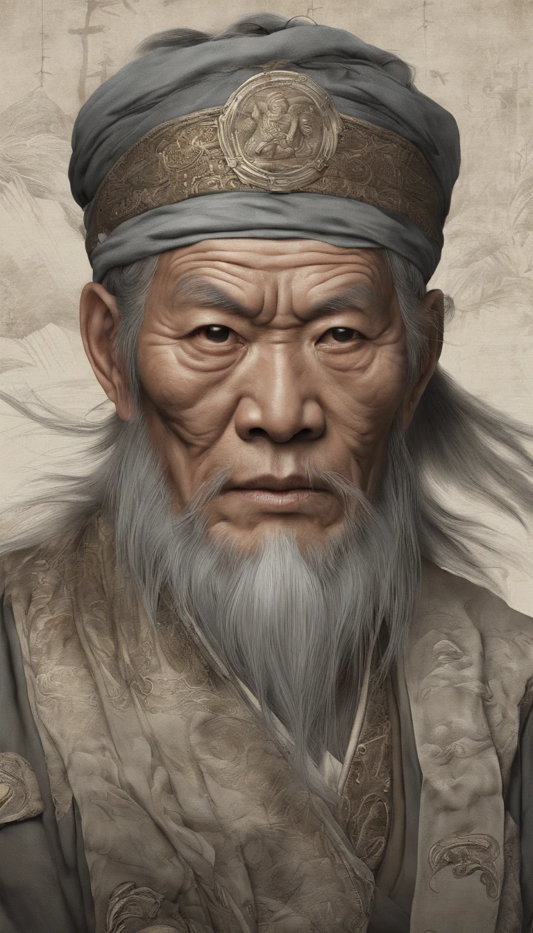 chinese paintings;ink portrait,frontal portrait of deity,Audience visual inspection,Immortal Wind Road Bone,White haired man,with eyes eaking out,Energetic。Warm background。hyper HD, retinas, tmasterpiece, Acura, Anatomically correct, Award-Awarded, high high quality, high detal, super detailing, ctextured skin, Best quality at best, A high resolution, 1080p, k hd, 4K, 8K, 16k。