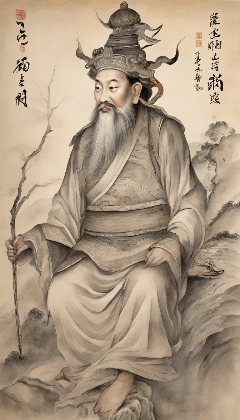 chinese paintings;ink portrait,frontal portrait of deity,Audience visual inspection,Immortal Wind Road Bone,White haired man,with eyes eaking out,Energetic。Warm background。hyper HD, retinas, tmasterpiece, Acura, Anatomically correct, Award-Awarded, high high quality, high detal, super detailing, ctextured skin, Best quality at best, A high resolution, 1080p, k hd, 4K, 8K, 16k。