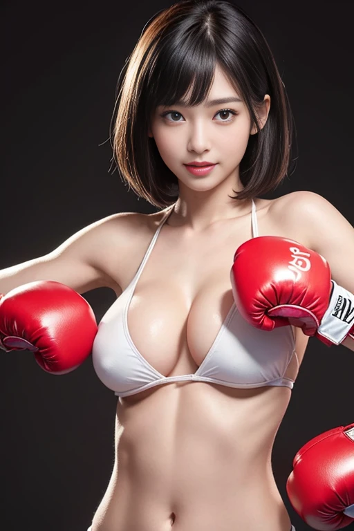 best quality best quality,High quality,masutepiece,Detailed details,hight resolution、Haute,Realistic, resolution,1girl in,Beautiful,beautiful face beautiful face,Beauty of beauty,(shinny skin,bob cut with movement),Looking at Viewer,red blush|blush and dye,, Open mouth and smile expression,,Black hair,(erectile nipple,large full breasts,A slender,),Studio Lighting、(((oiled cleavage、boxing、full-body view、Close-up pose of chest with boxing gloves、toppless、)))、Sweating、boxing room、Boxing gym、