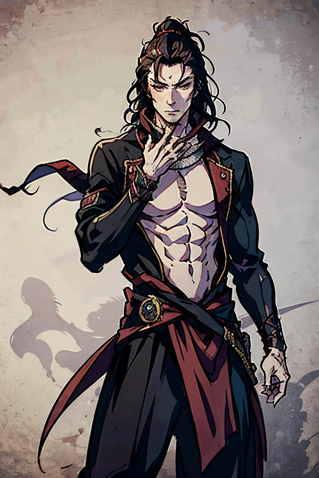 musashi miyamoto, long red hair, renaissance attire, fancy clothing, nobility attire, handsome, manly, muscular, tall, covered in scars, vampire, pale white skin, fangs, vampiric, gothic, goth, standing in a medieval london town, long red scarf, detailed