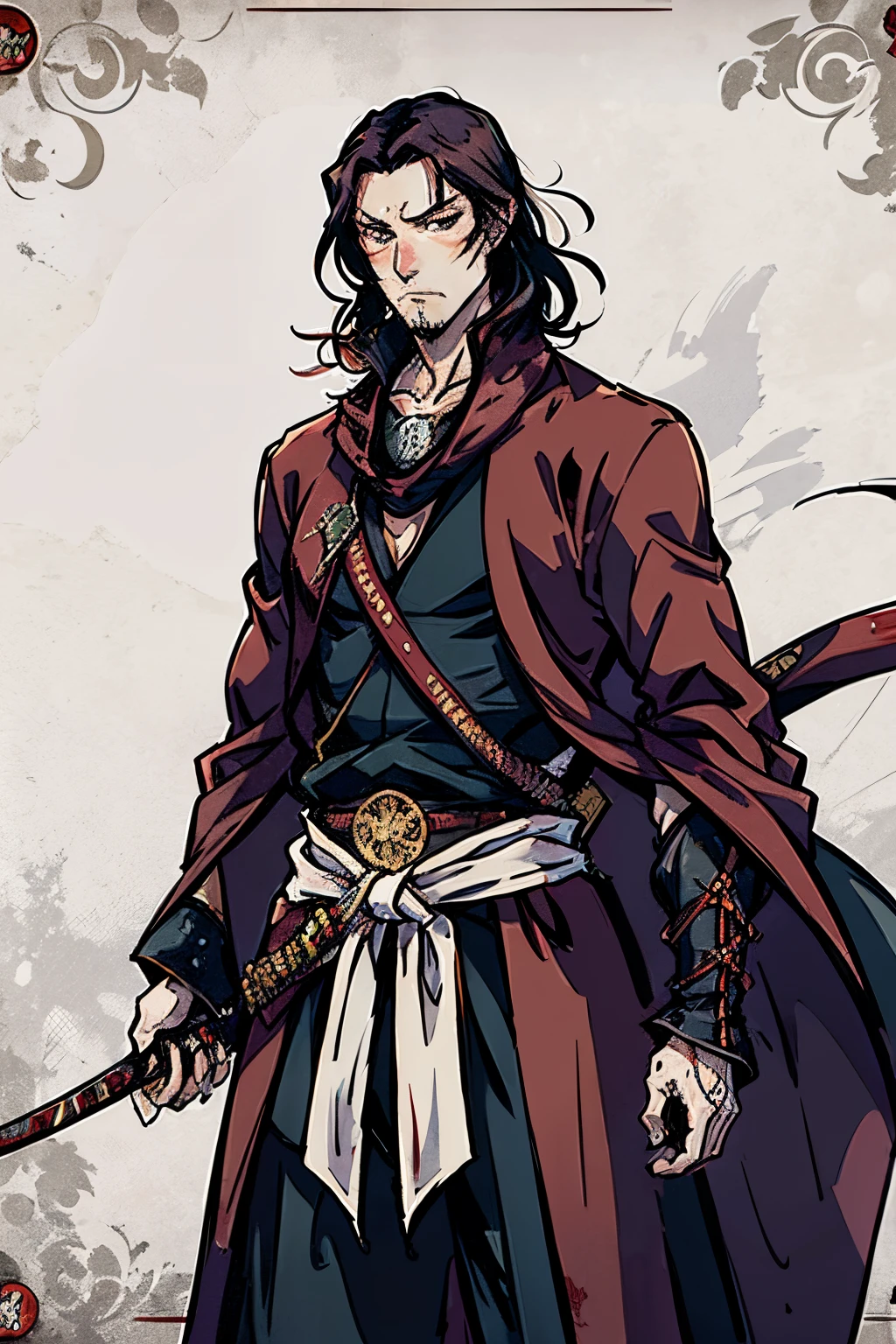 musashi miyamoto, long red hair, renaissance attire, fancy clothing, nobility attire, handsome, manly, muscular, tall, covered in scars, vampire, pale white skin, fangs, vampiric, gothic, goth, standing in a medieval london town, long red scarf, detailed