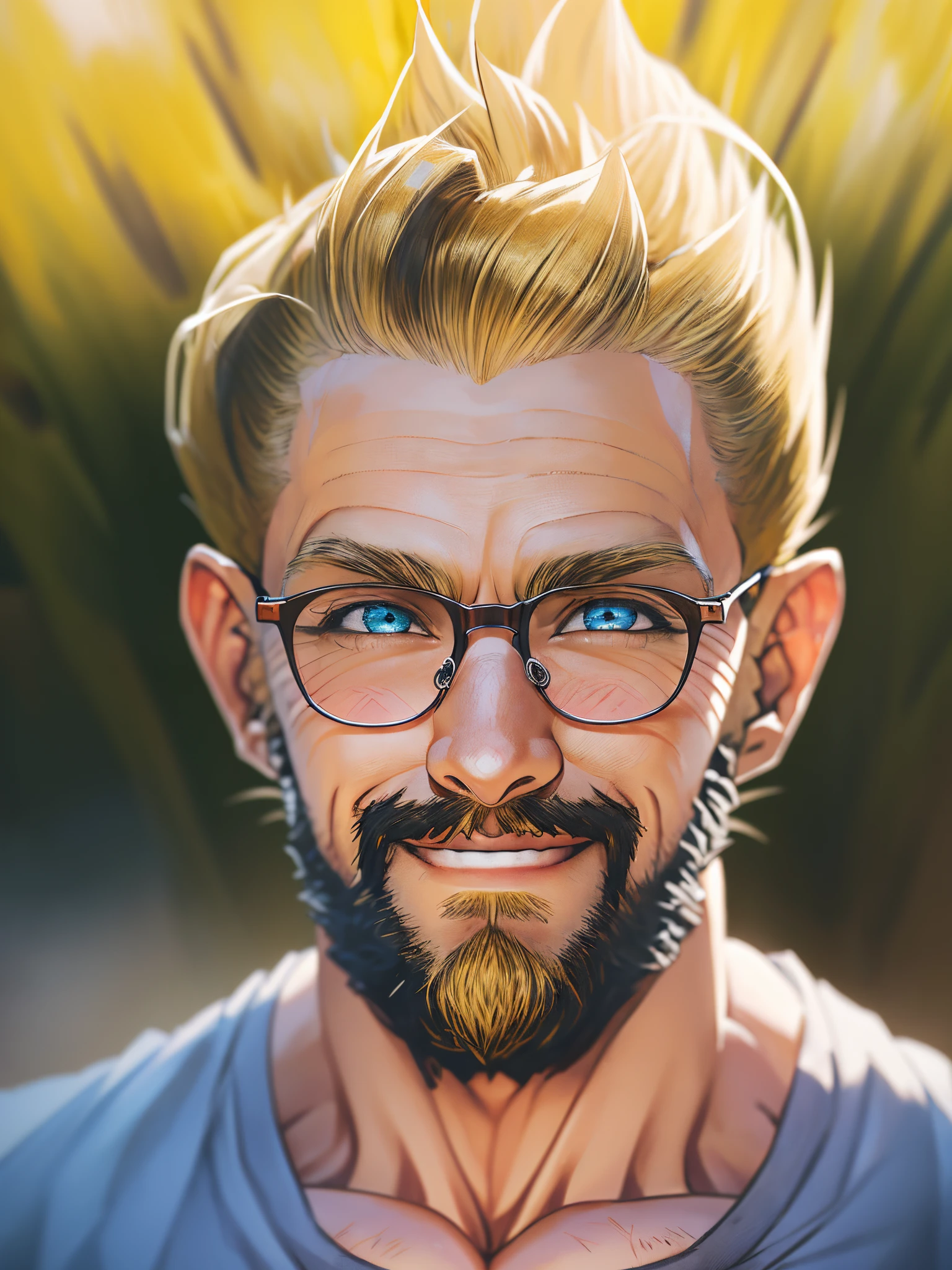 there is a man with glasses and a beard smiling for a picture,  HD, (Masterpiece), (Photo:1.3),High Quality, High Resolution, Smile, Perfect Lighting, Masterpiece, beautiful, ((SuperSaiyan)), cowboy shot, ((blonde hair:1.3)), super saiyan, (spiked hair),detailed face, detailed eyes,