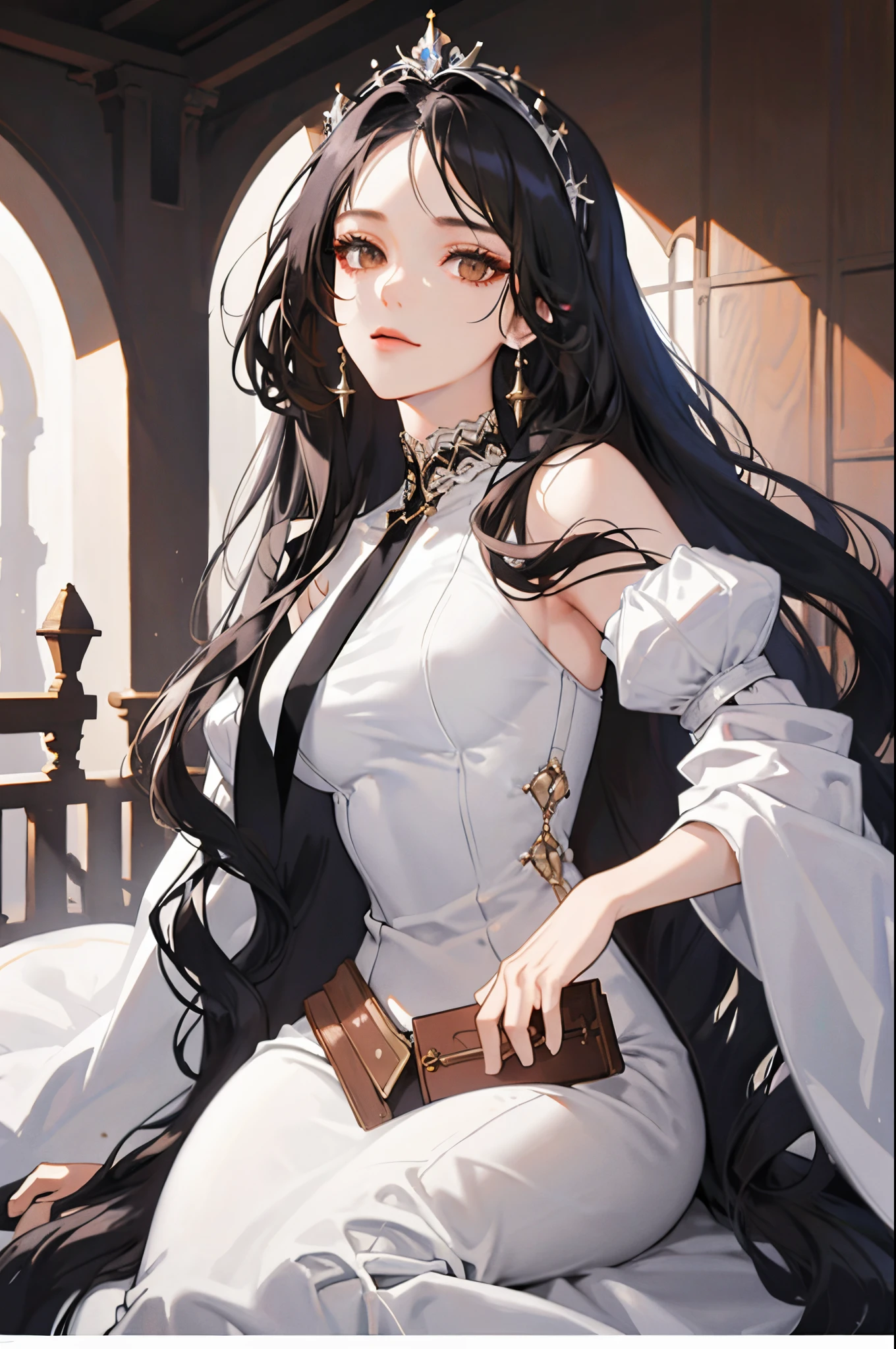 ((masterpiece: 1.2, best quality)), 1 woman, long black hair, brown eyes (gorgeous: 1.4), white dress, fantasy, elegant, royalty, fantastic light and shadow, extremely detailed face, strong woman, suit