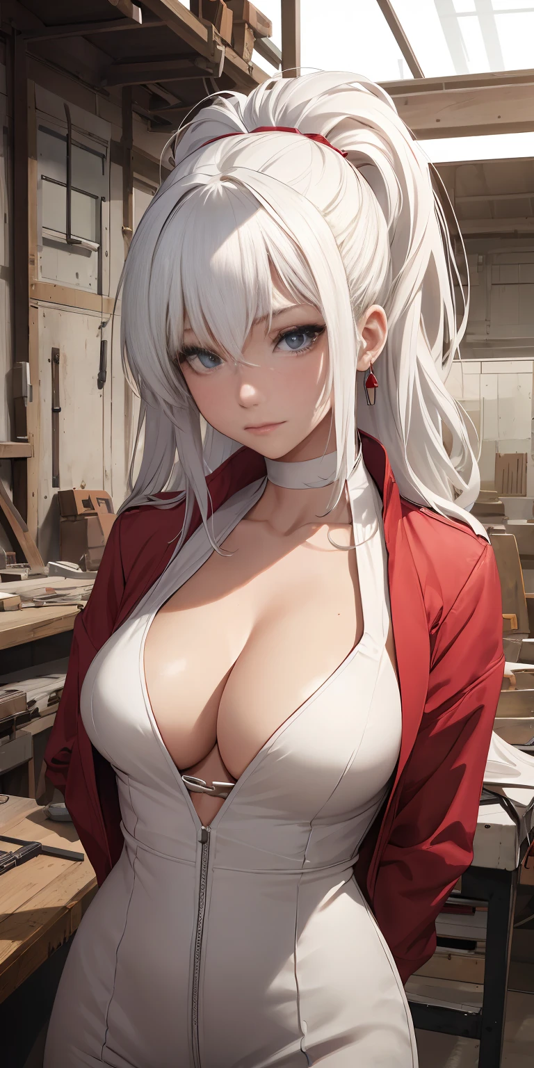 Medium breasts, beautiful girl with white hair, red jumpsuit, cleavage, in the workshop