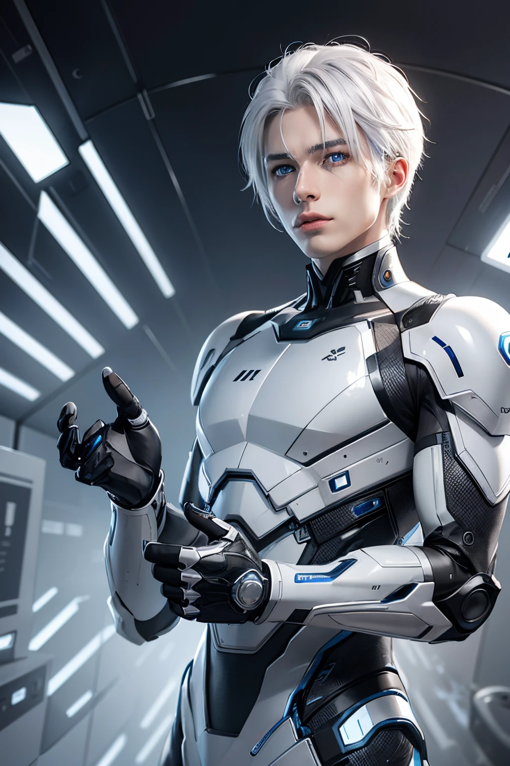 Male cyborg,white hair,blue eye,grey and silver body high technology