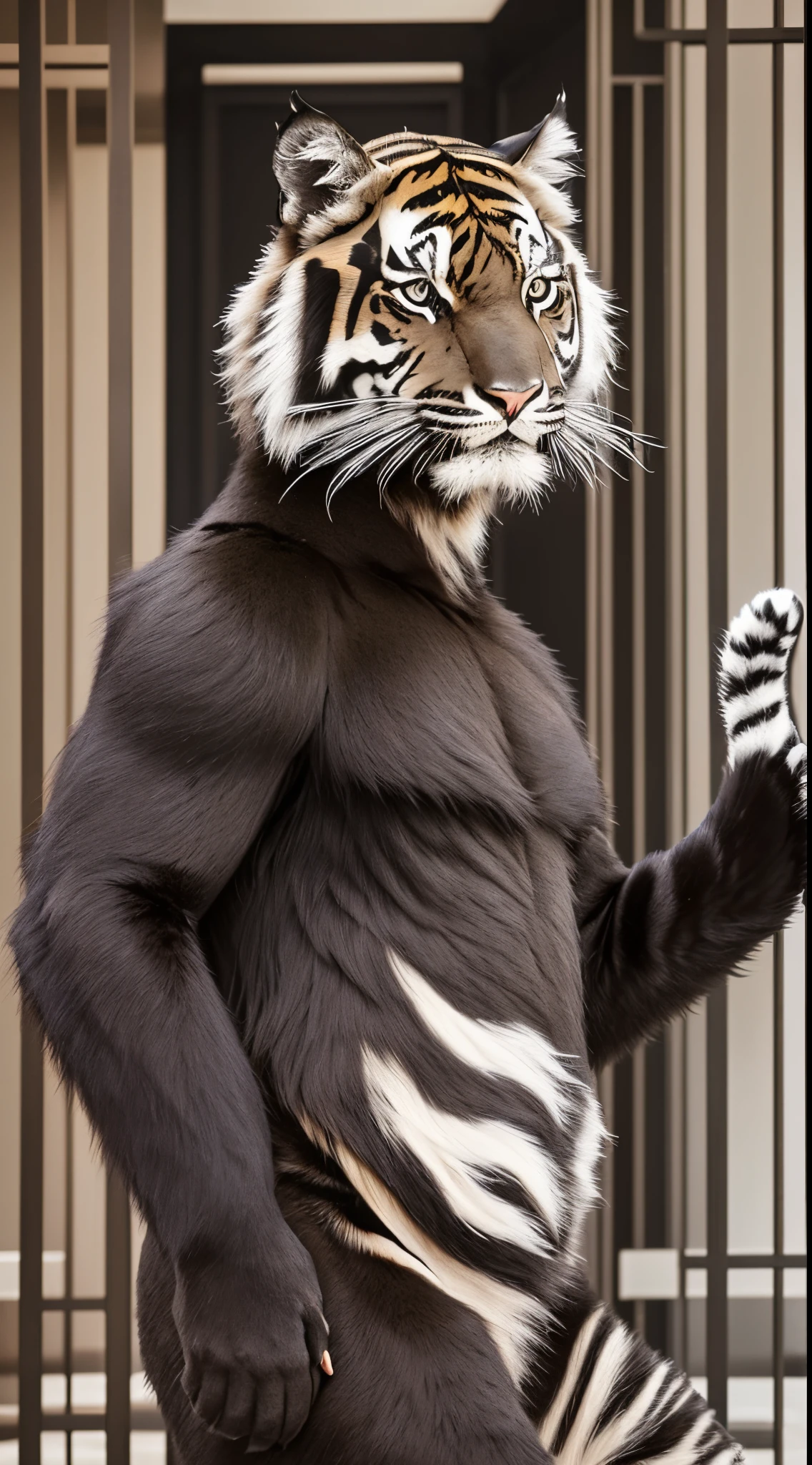 An anthropomorphic black tiger with yellow stripes in a shirtless character template 