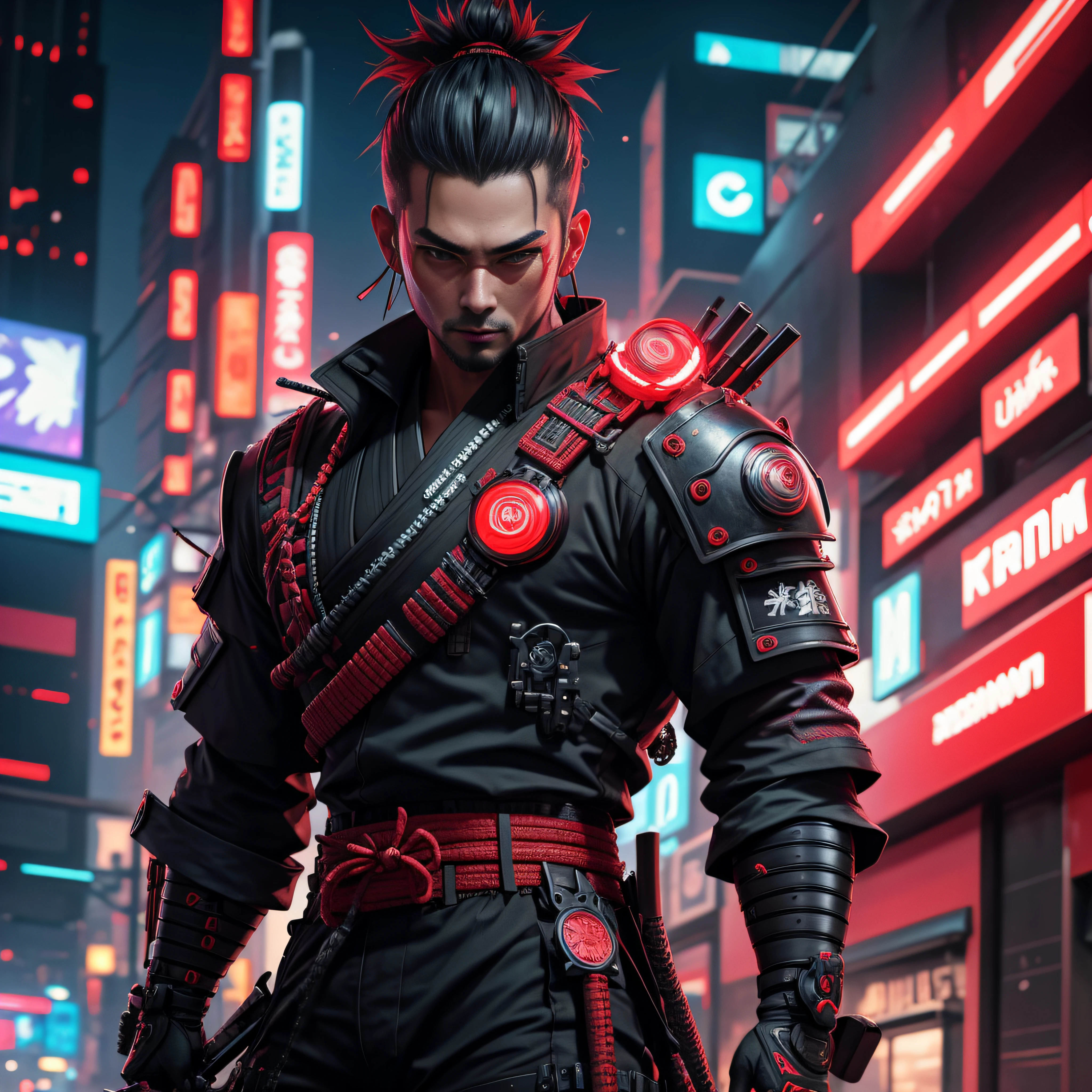 male samurai cyberpunk neon red 4k ultra realistic ultra detailed