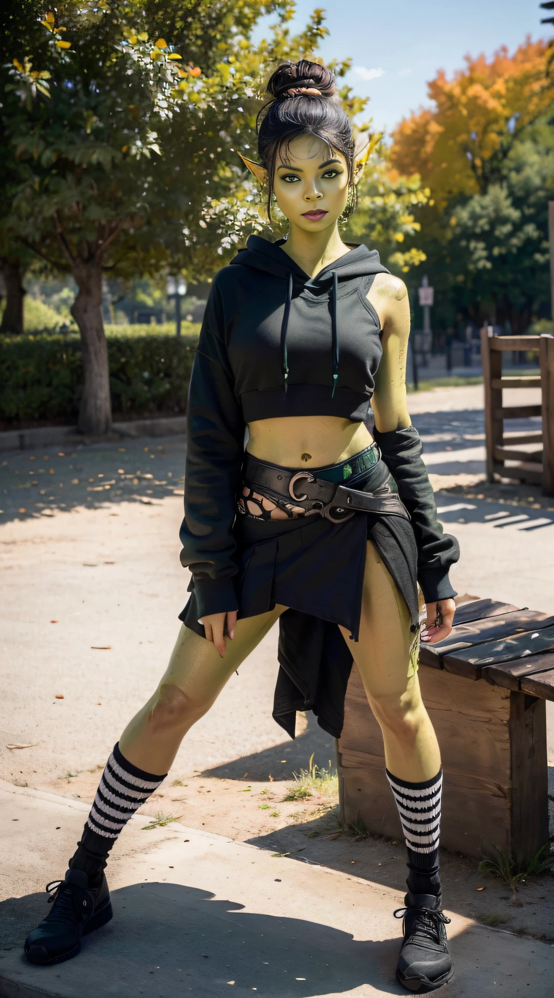 1girl, sexy githyanki, (green skin:1.6), black short hair bun, orange eyes, pointy ears, navel, midriff, (black crop hoodie:1.2), (black plain skirt:1.2), (black-and-white striped high socks:1.2), shoes on platform, belt, pouch, medium breasts, athletic, posing in the park, autumn, bench, black lipstick, black eyeliner, highly detailed face and eyes, sunlight, midday, best quality, masterpiece, realistic, anatomically correct, stunning details, intricate details, 8k post-production, high resolution, super details, trending on ArtStation, sharp focus, depth of field f/1.8, studio photos